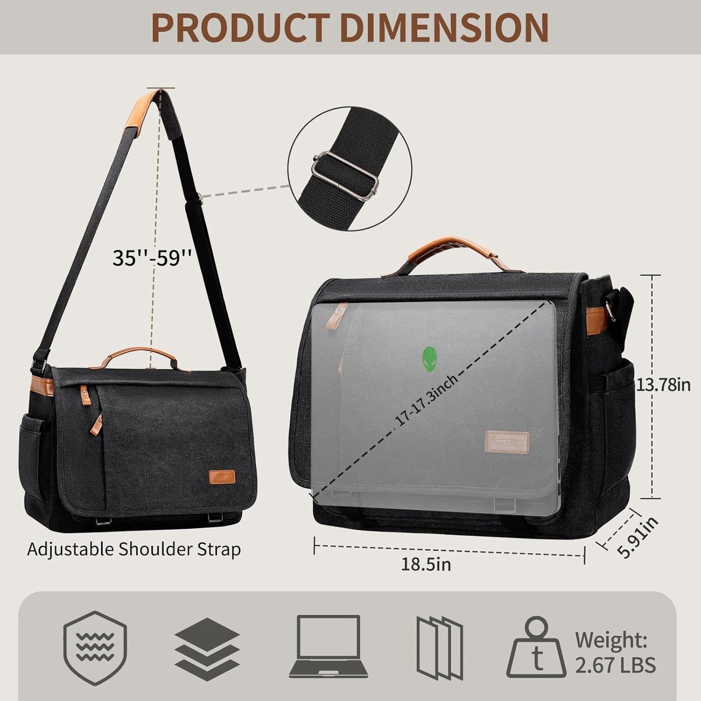 ESTARER Men's Messenger Bag 17.3 Inch Upgraded, Water-resistant Canvas Laptop Bag, Computer Shoulder Bag for College Travel Work, Dark Grey