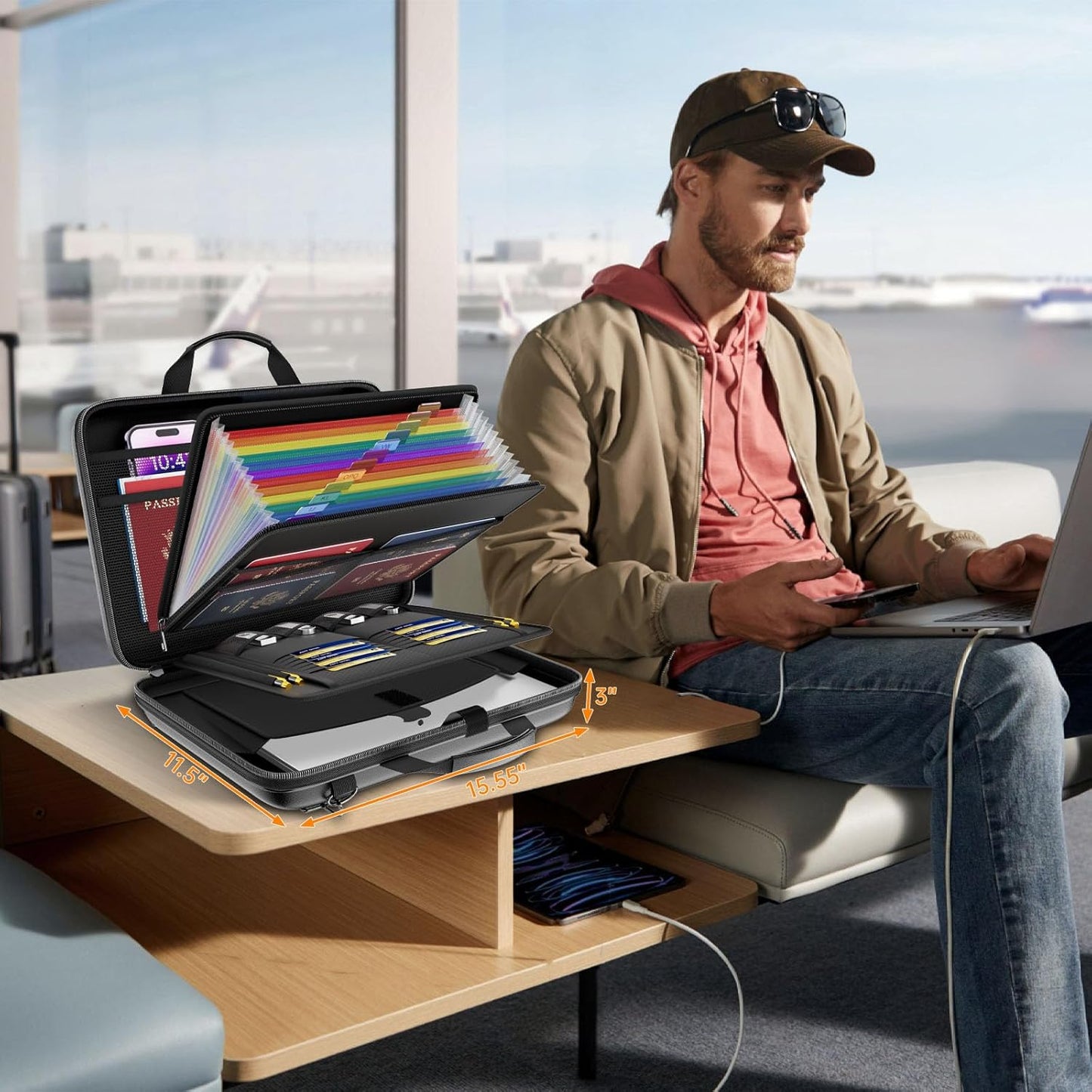 Fireproof Document Organizer with Lock,Hard-Shell Case Fireproof Document Box with Shoulder Strap,Portable File Organizer with 13 Pocket Accordion File Folder for Files Laptop Black