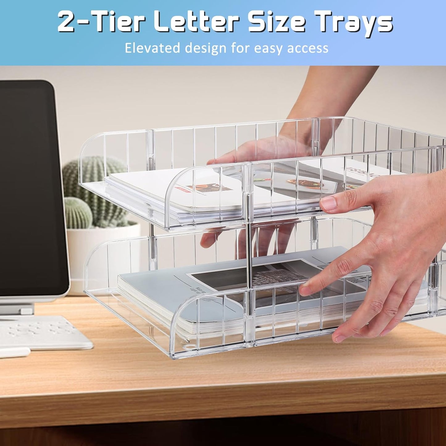 Stackable Letter Tray Papers Organizers, A4 Size Desk Organizer Tray for Letter Paper Stationery Desk Accessories, Plastic Black Paper Holder File Organizer for Office, School, Home (Clear)