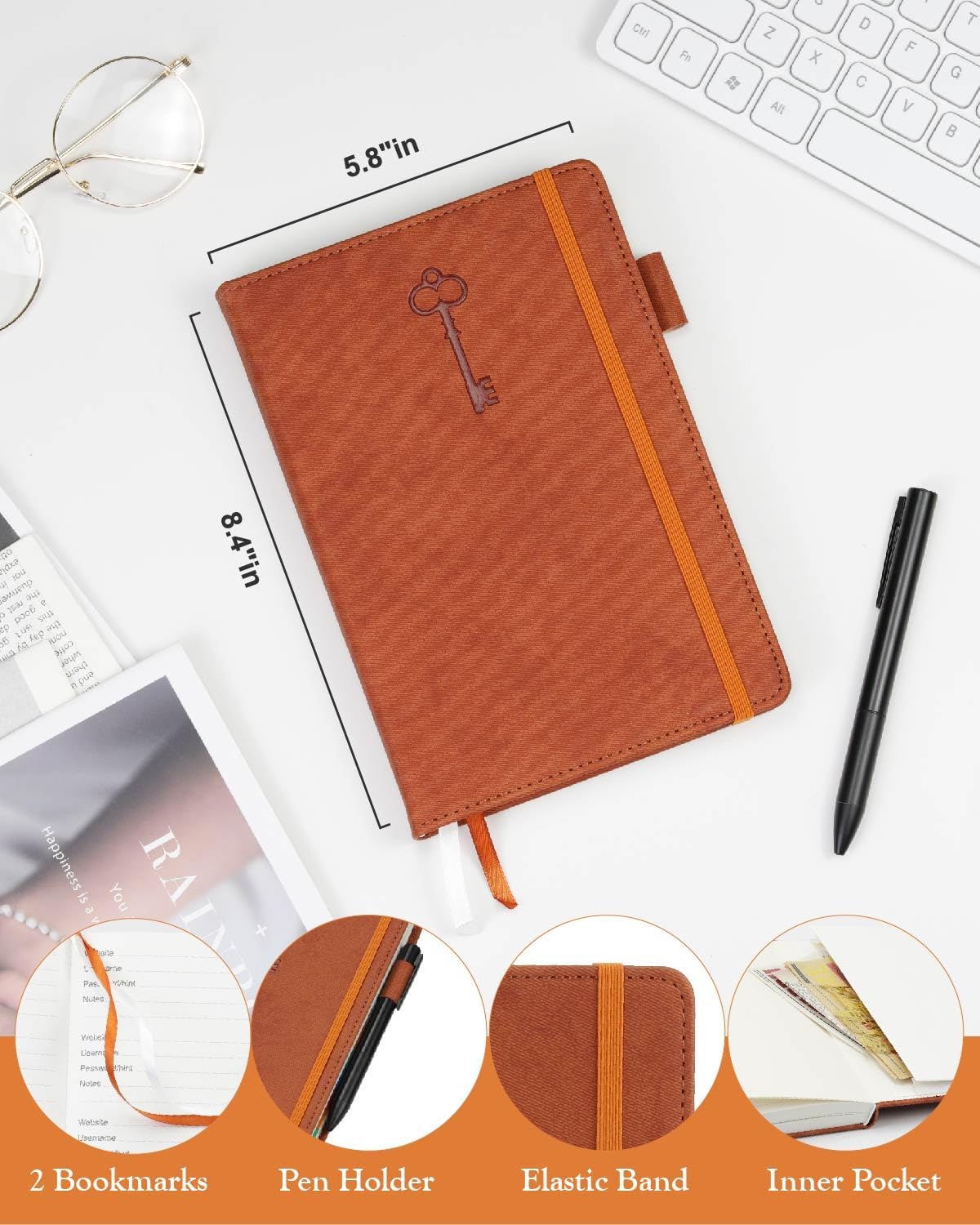 Password Keeper Book with Colorful Alphabetical Tabs, Hardcover Password Log-Book for Internet Password and Website Address, 5.8"×8.4" Password Notebook for Home Office (Sienna)