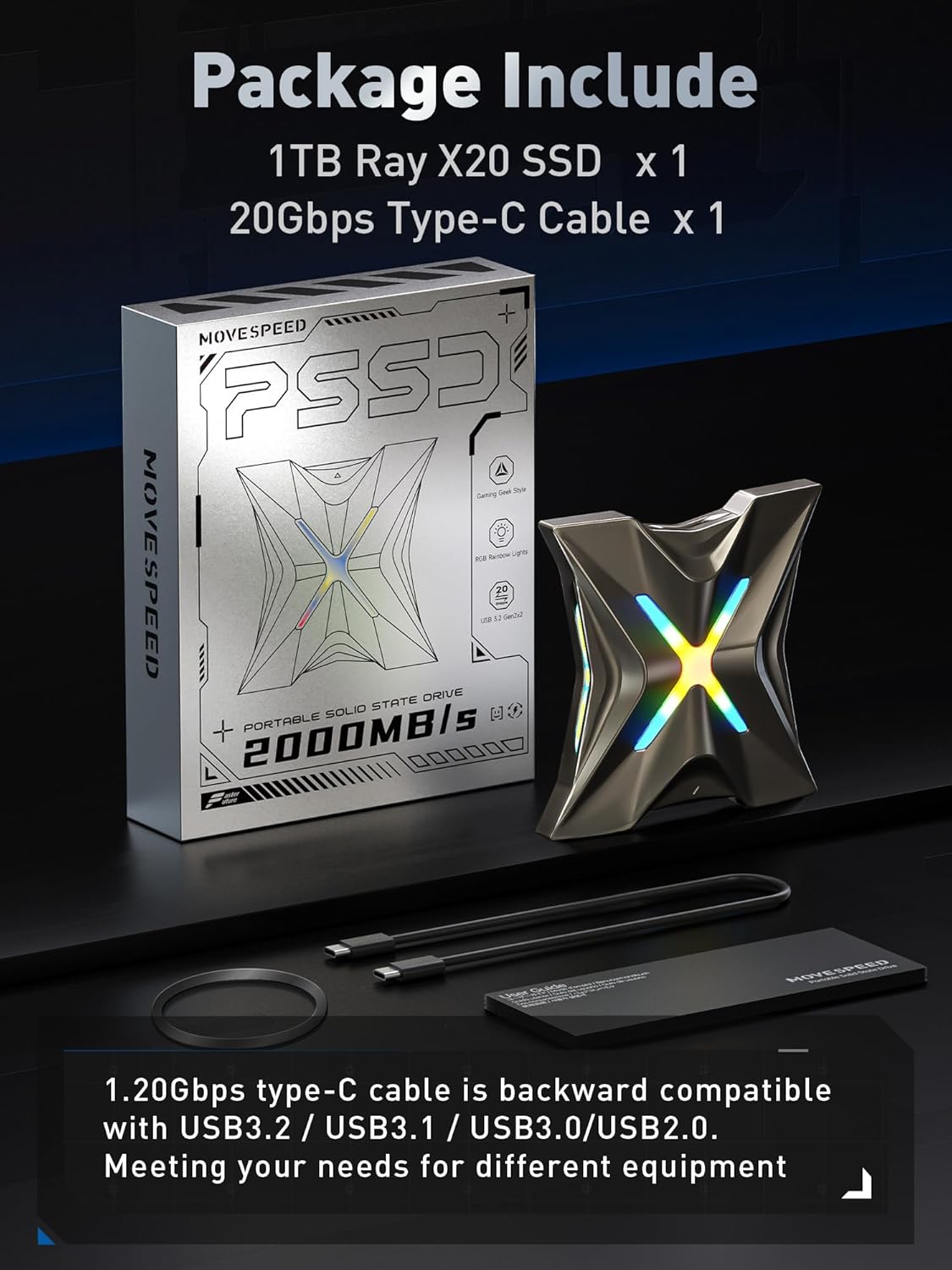 MOVE SPEED Magnetic 2TB Portable External SSD - 2000MB/s USB-C 3.2x2, PS5/PC/Smartphone Compatible Portable Drive, Compact Durable Storage for Gamers & Creators