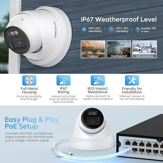 4K IP PoE Camera, Upscaled 8MP PoE Camera Outdoor with Mic/Audio, 98ft IR/Color Night Vision, Human & Vehicle Detection, 127ยฐ FOV, MicroSD (256GB), Hik-connect/iVMS4200