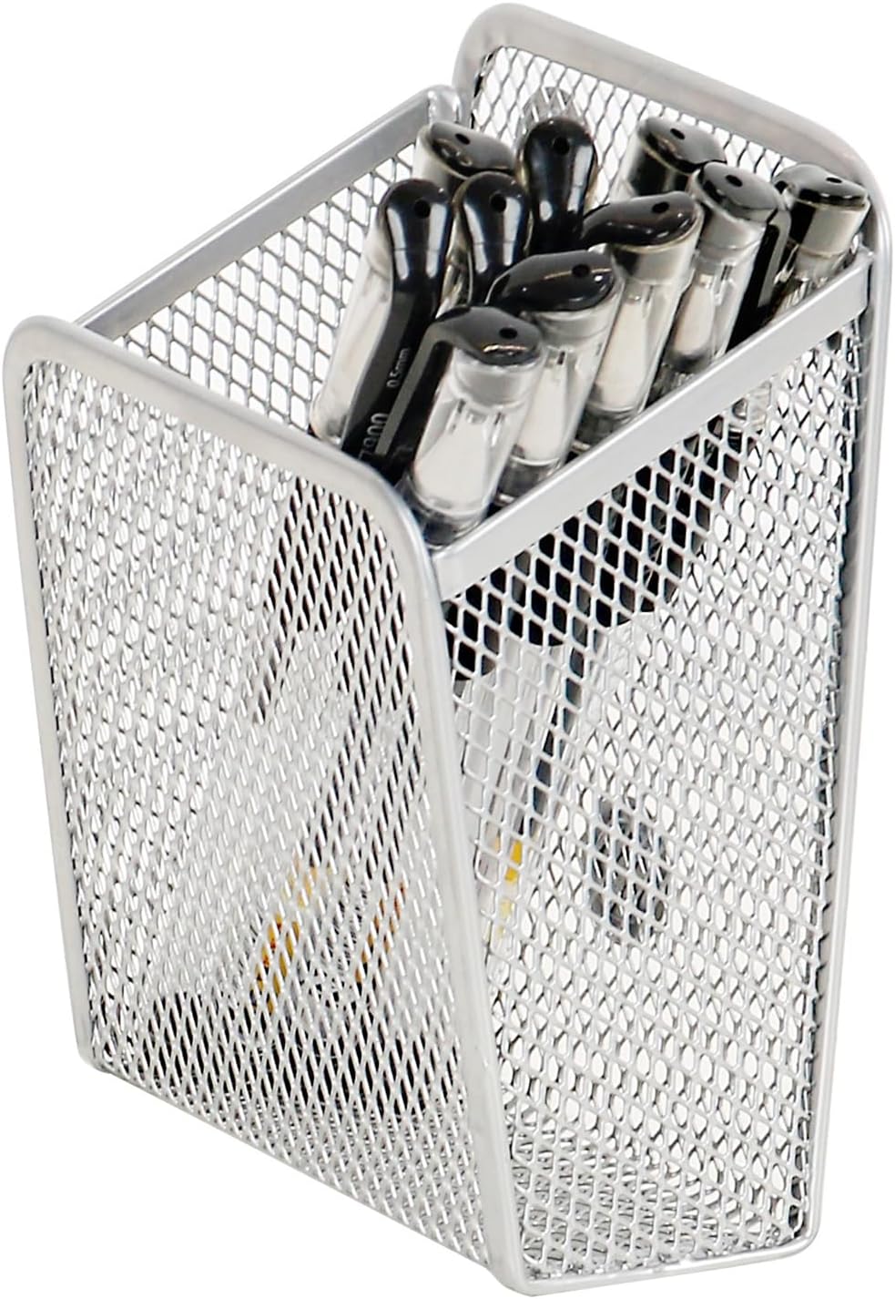 LUCYCAZ Magnetic Pen Holder - Single Magnetic Pencil Locker Holder Organizer, Silver Mesh Marker Holder Pen Basket for Whiteboard, Refrigerator and Locker