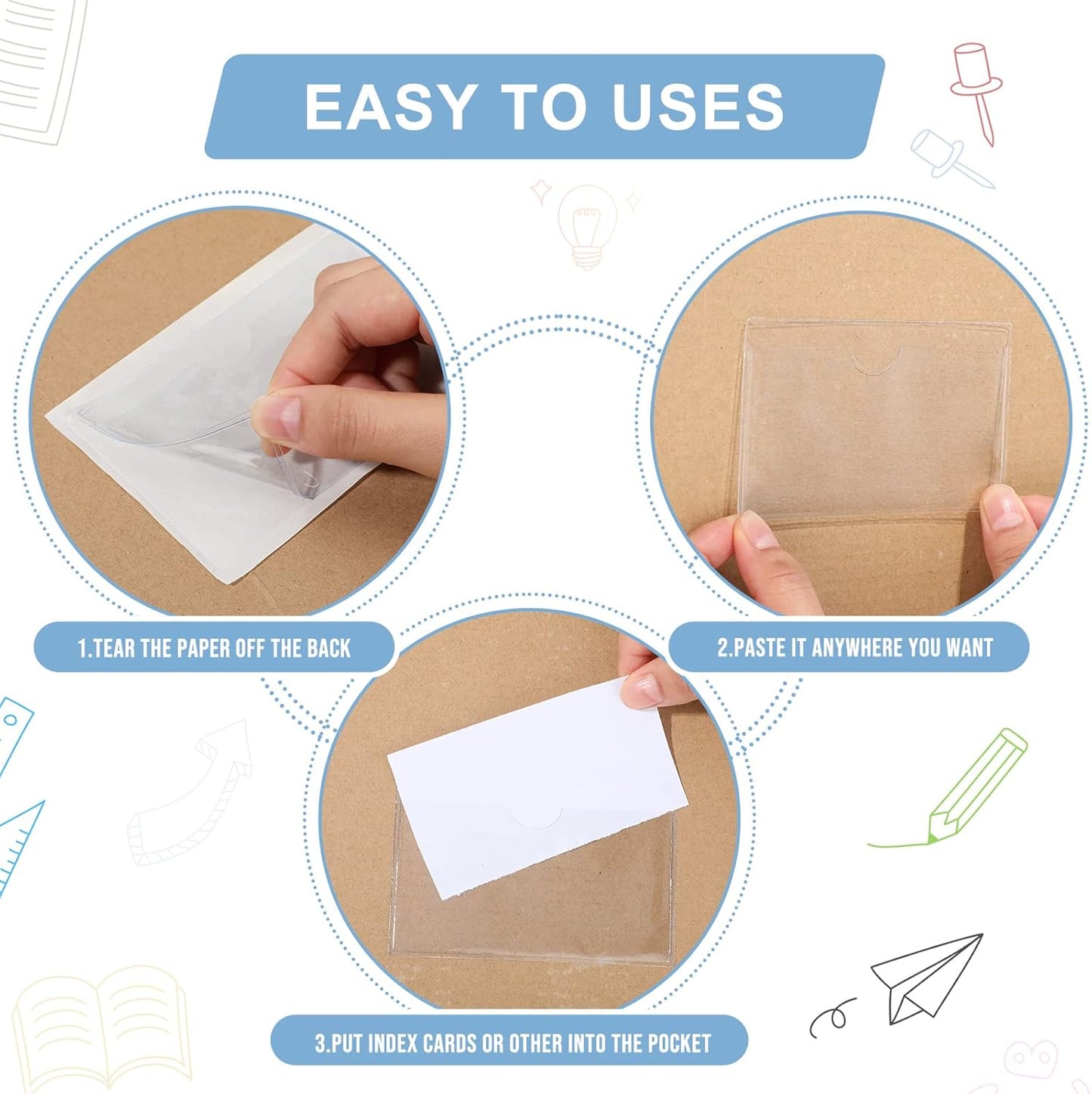 Outus 100 Pcs Clear Self Adhesive Pockets - Bin Labels for Storage Bins, Pocket Label Sleeves, Plastic Index Card Holder with Top Open for Organizing Bins Box Drawer(4.1 x 2.5 Inch)