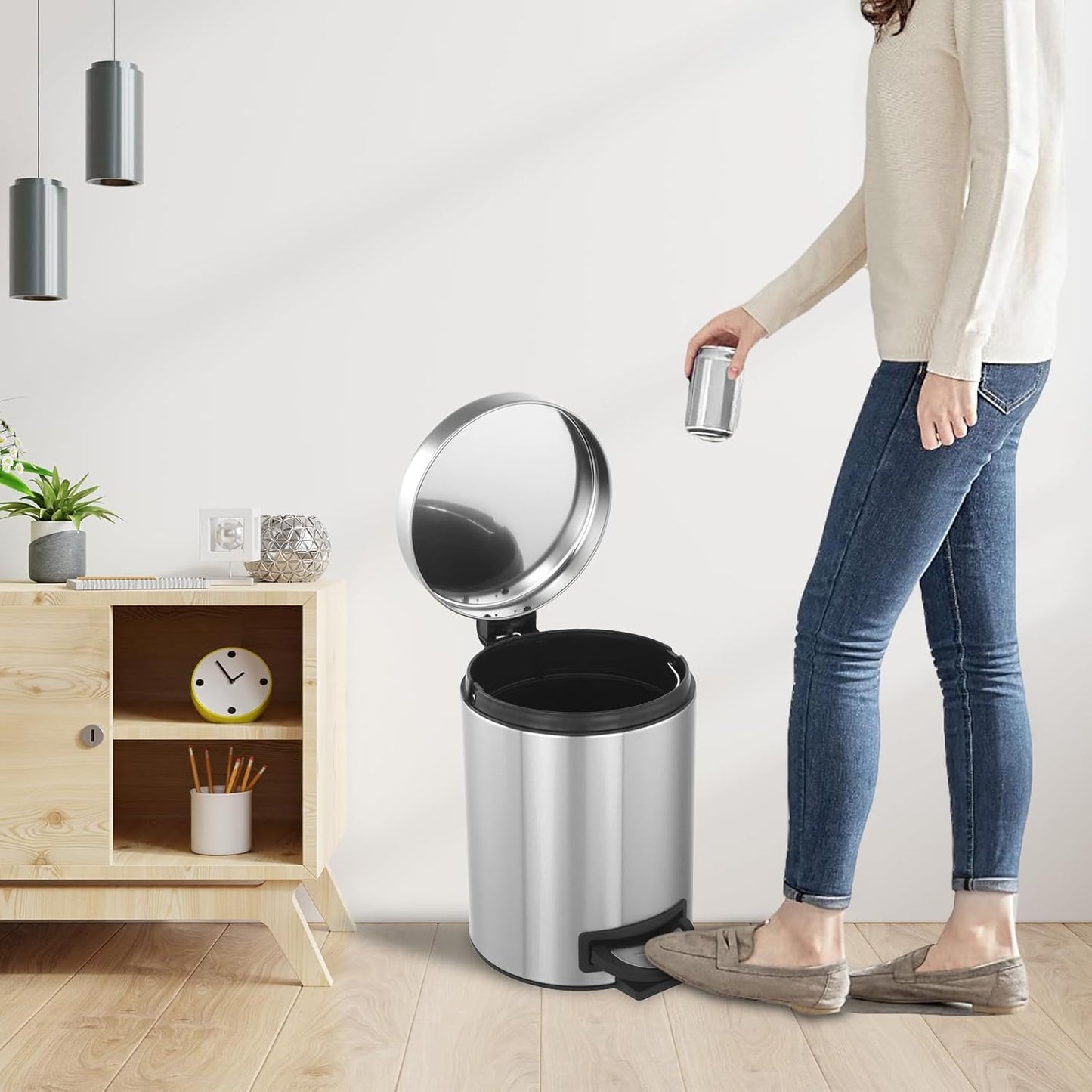 Kitchen Trash Can with Lid, 2 Pack 5 Liter/1.3 Gallon Stainless Steel Trash Can, Oval Step Garbage Can, Soft Close Trash Bin for Bathroom Home Office