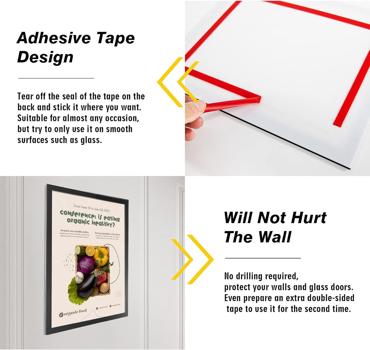 Acrylic Magnetic Sign Holder, Easy-Opening 8.5 x 11 Wall Mount Display Frames, Self Adhesive Back Plastic Clear Document Frame, Horizontal & Vertical Display (Black, 6Pack)