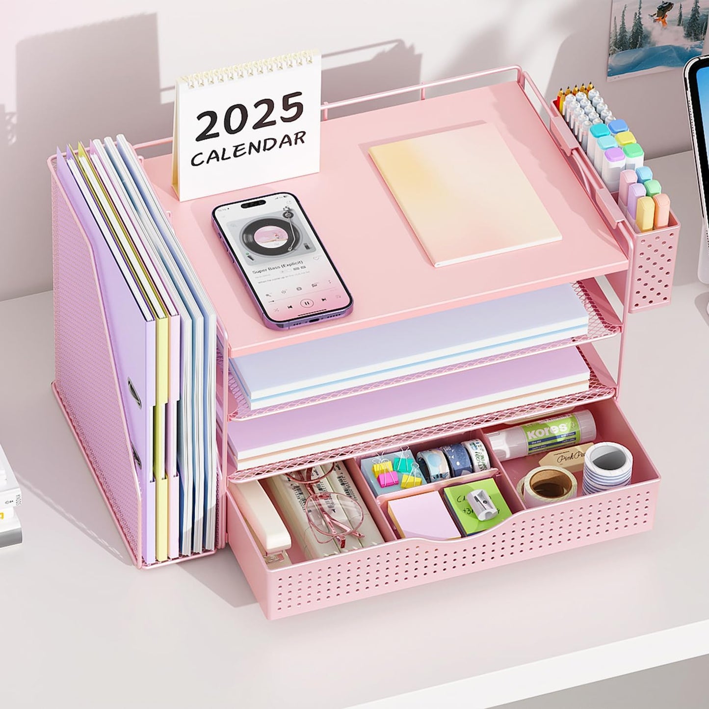 Wood Desk Organizers and Accessories with File Holder, 4-Tier Desk Accessories & Workspace Organizers with Drawer and Pen Holder, Paper Organizer for Office Supplies (Pink)