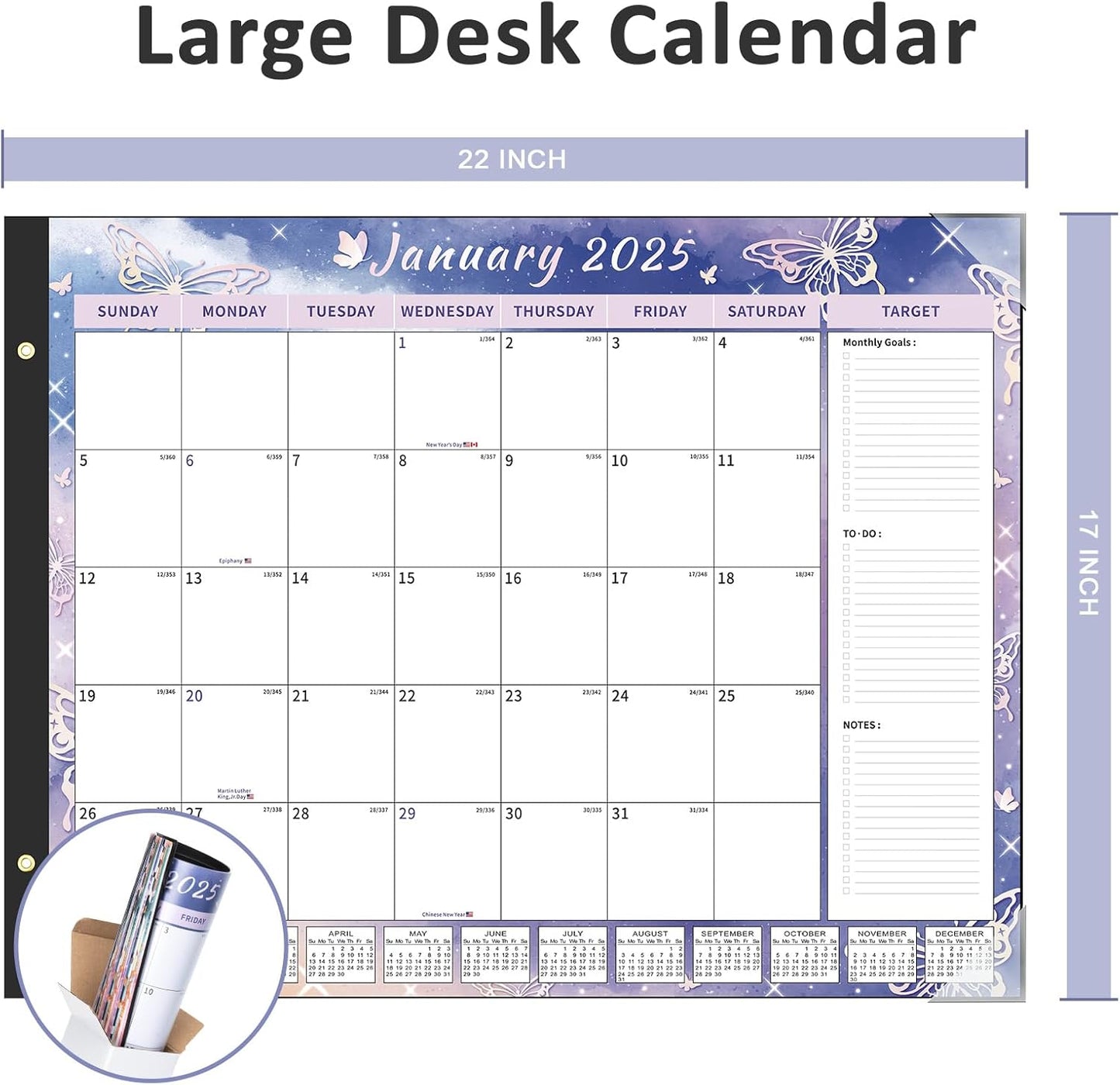 Ospelelf Desk Calendar 2025-2026 Large 22"x17" Monthly Planner Pad with Protective Cover 18 Months Butterfly Floral