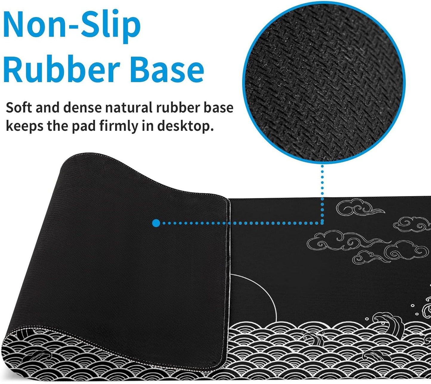 Japanese Sea Wave Gaming Mouse Pad Black Large Anime Mousepad Extended Mouse Mat 31.5''x11.8'' 3mm Thick Non-Slip Rubber Base Big Desk Pad for Office