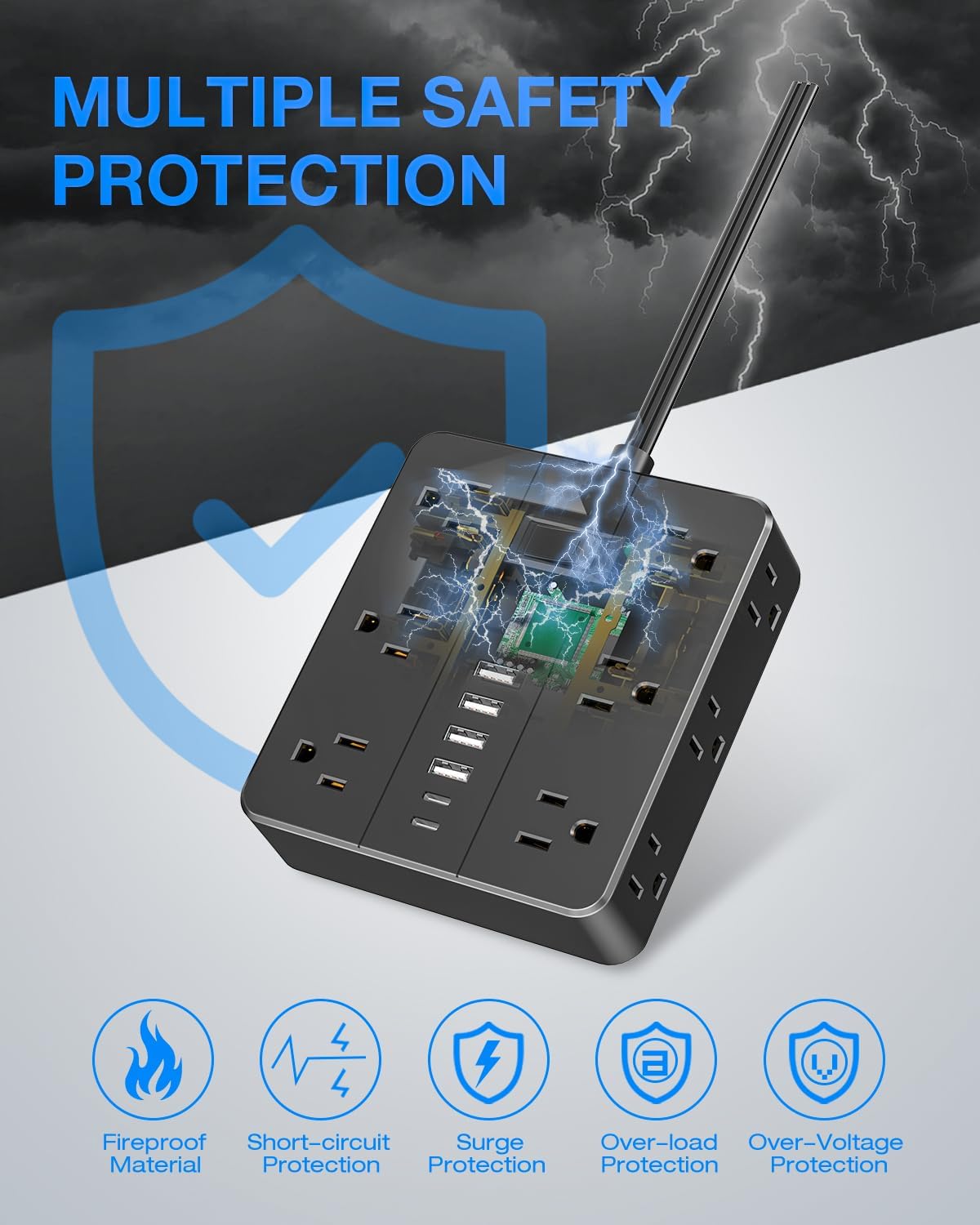 Flat Plug Power Strip Surge Protector, HUNIAN 5 Ft Extension Cord with 12 Widely Spaced Multiple Outlets 6 USB Charger (2 USB C Ports), Desk Charging Station for Home Office Supplies, Black