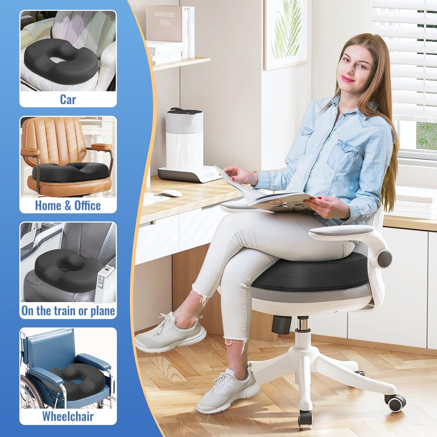 CloudBliss Donut Pillow Seat Cushion for Tailbone Pain Relief and Hemorrhoids, Memory Foam Seat Chair Cushion for Postpartum Pregnancy, Seat Cushions for Men and Women for Home & Office, (Grey-XL)