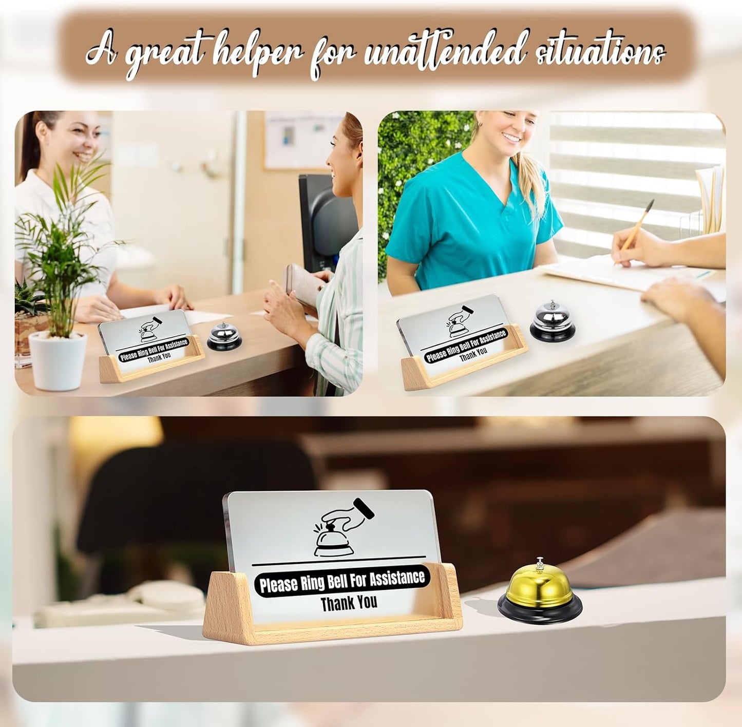 Desk Call Bell /2pcs Service Bells (Gold and Silver)/with Please Ring Bell for Assistance Sign/Suitable for Front Desk Reception in Shops, Offices, Warehouses, and Small Hospitals.