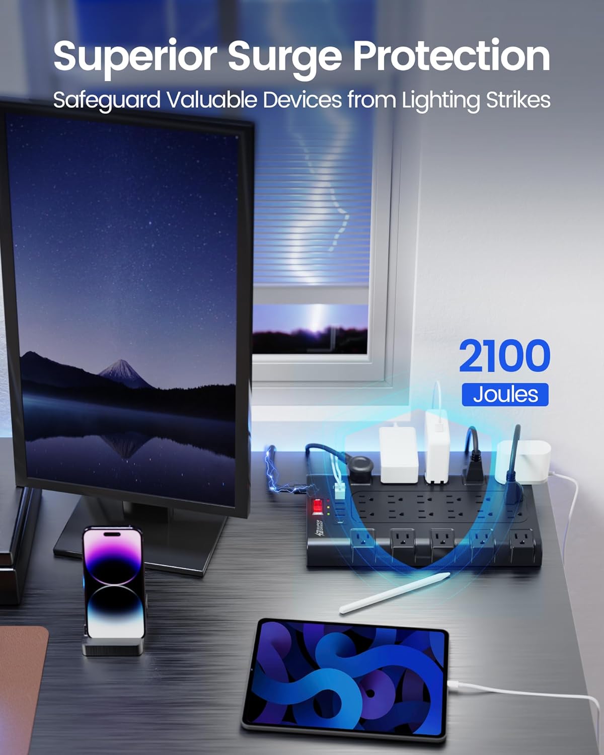 Power Strip Surge Protector, SUPERDANNY 8Ft Long Extension Cord with 6 USB Charging Ports and 22 AC Outlets, 1875W/15A, 2100 Joules, Flat Plug Power Outlet for Home, Office, Dorm, Gaming Room, Black