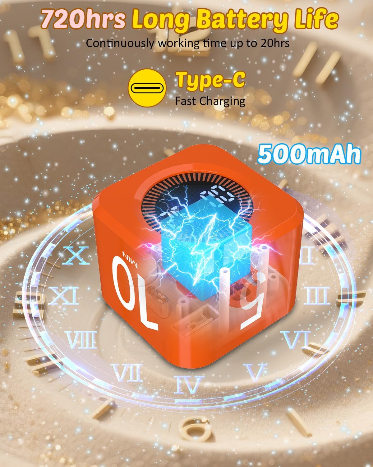 Pomodoro Timer Cube Visual Productivity Flip Timer for Kids Classroom Desk, 5/10/25/50min& Custom Countdown, Silent&Sound Mode Digital Cube for ADHD Study Work School Game Kitchen (Orange)