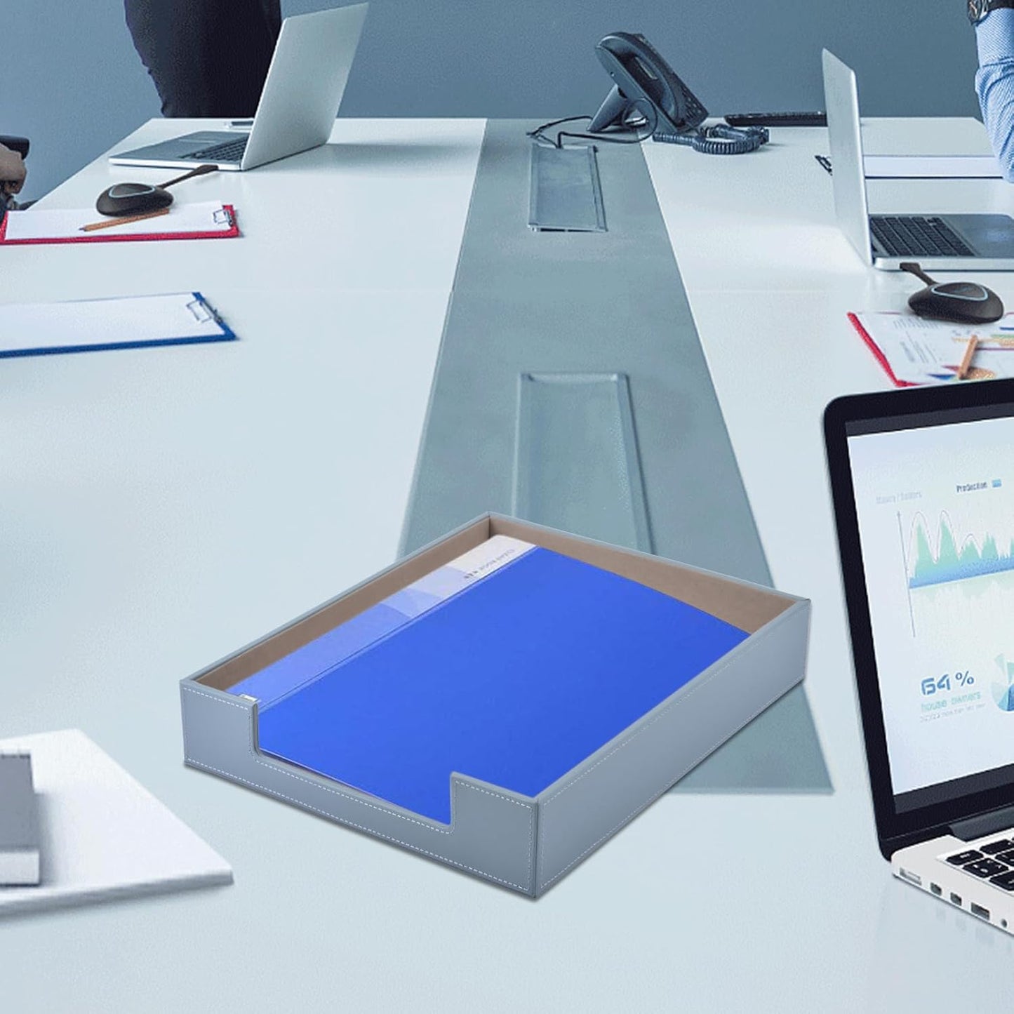 Leather Letter Tray,Stackable File Document Tray,Desk Organizer for Office Supplies,A4 Paper Case Rack,Desktop Organization,Pen Mail Magazine Storage Box (Grey)