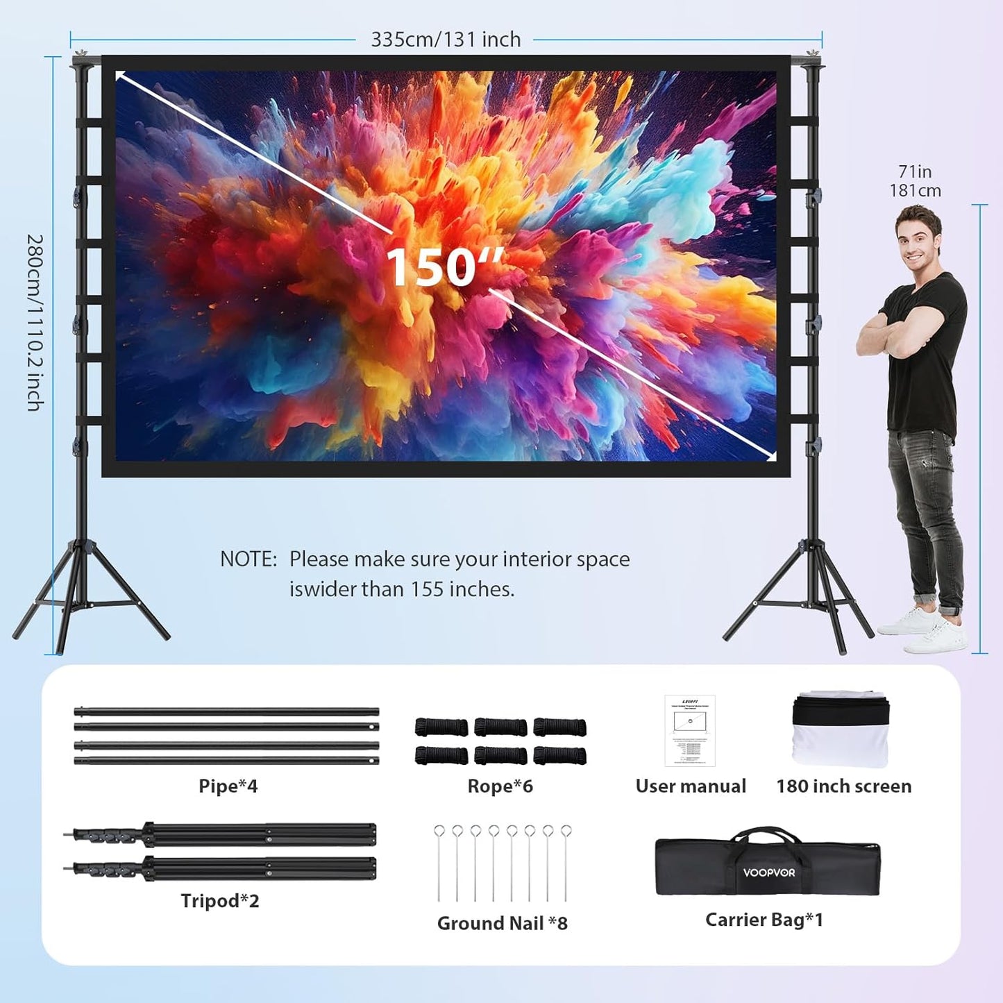 Outdoor Projector Screen with Stand 150 Inch: VOOPVOR Portable Projection Screen and Stand, Indoor Rear Front Movie Screen 16:9 4K HD, with Carry Bag,Support Height Adjustable for Home Theater Camping