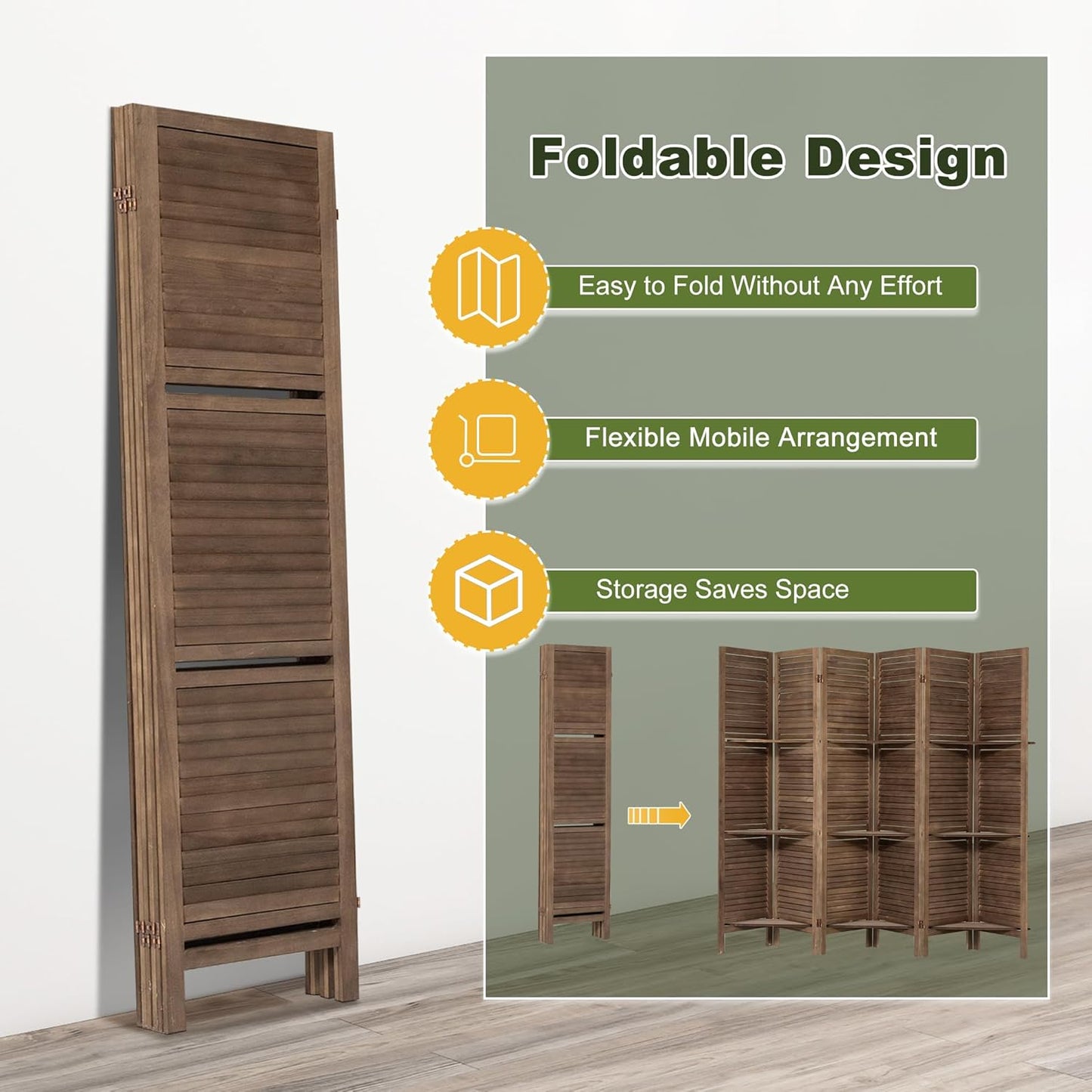 NicBex 6 Panel Room Divider 5.6FT Louvered Design Room Dividers with Display Storage Shelves Folding Privacy Screens Portable Freestanding Partition Wall Dividers for Home Bedroom Office, Dark Brown