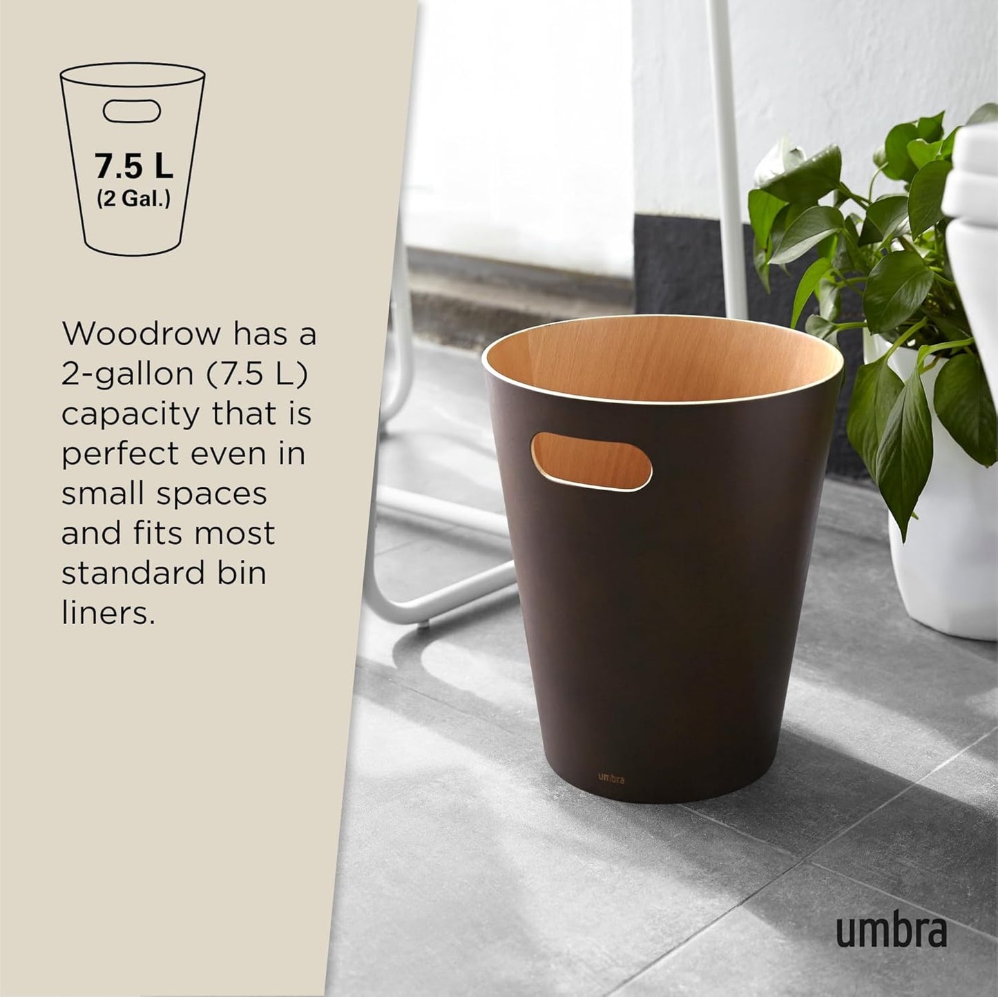 Umbra Woodrow, 2 Gallon Modern Wooden Trash Can Wastebasket or Recycling Bin for Home or Office, Espresso