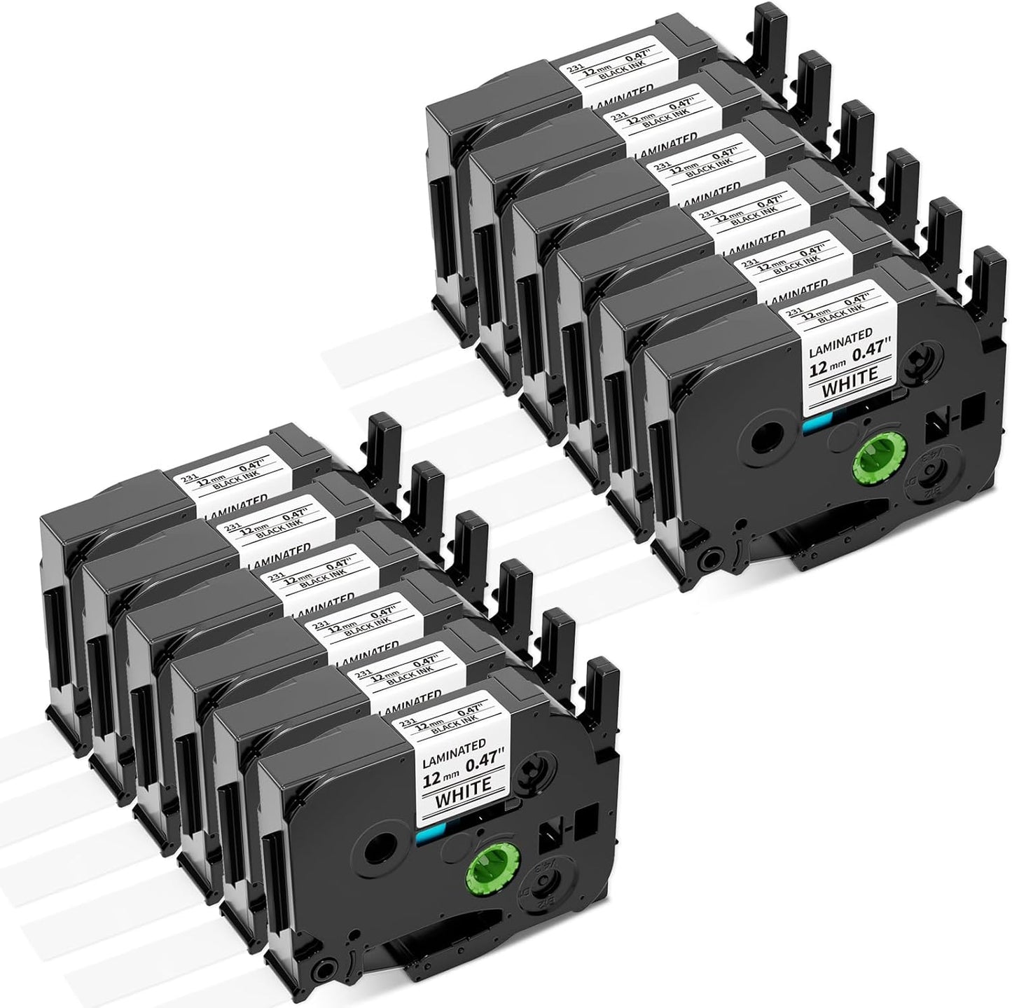 Airmall Tze 12mm 0.47 Laminated White Label Maker Tape Refill Compatible with Brother 12mm .47 Laminated White Tz Tape TZe-231 TZ-231 for PT-D200 D210 D220 H110 D410 P710BT 1750 1180, 12Pack