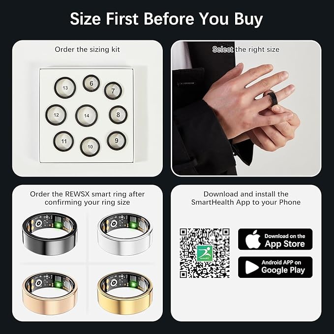 Smart Health Ring for Women Men, Fitness Tracker Ring with Heart Rate, Blood Oxygen, Sleep Tracker, Step Tracker, No Subscription Fee, IP68 Waterproof Smart Ring for iphone & Android (Black, 10#)