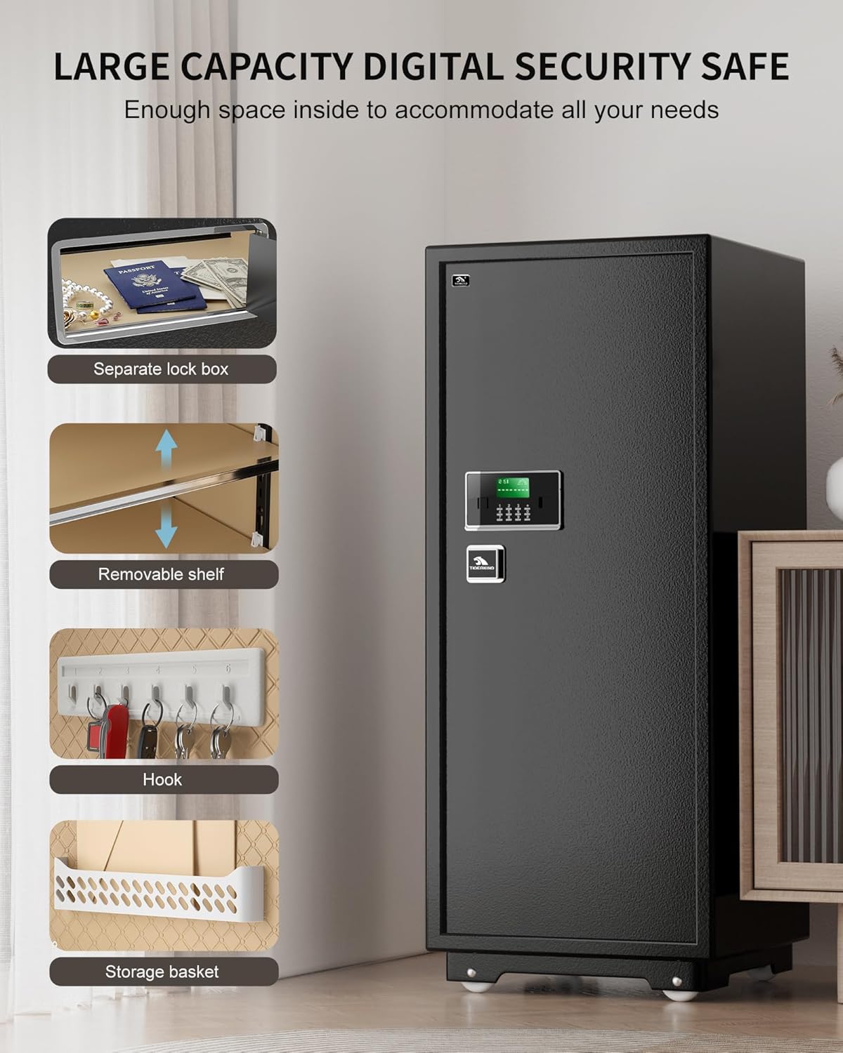 【US STOCK】TIGERKING 17.6 Cubic Feet Extra Large Heavy Duty Safe Box, Home Safe with Double Safety Key Lock and Separate Lock Box, Digital safe with 3 Removable Shelf for Home Hotel Office,235lbs