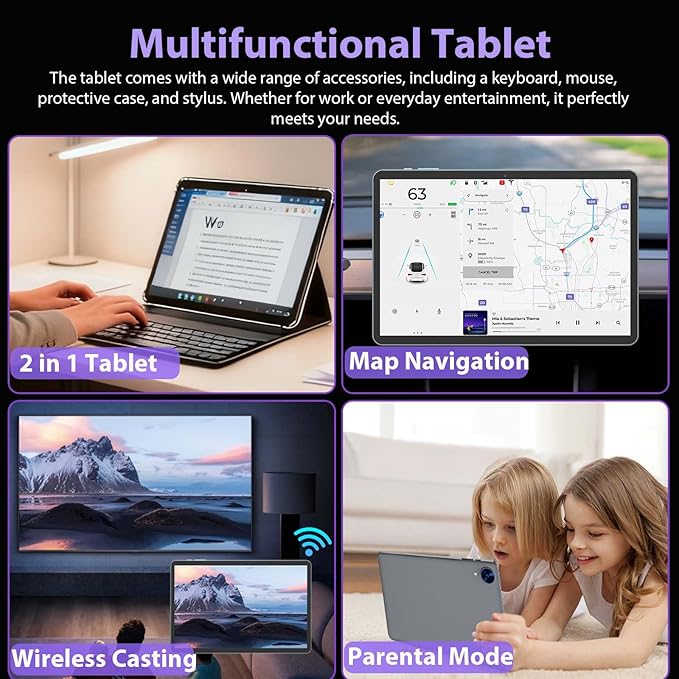Android 15 Tablet with Keyboard - 26GB+256GB+2TB Expand, Octa-Core, 2.4G/5G Wifi, 8000mAh Battery, Widevine L1, Dual Camera, Face Unlock, 10 Inch 2 in 1 Tablets with Mouse, Stylus (Silver Case)