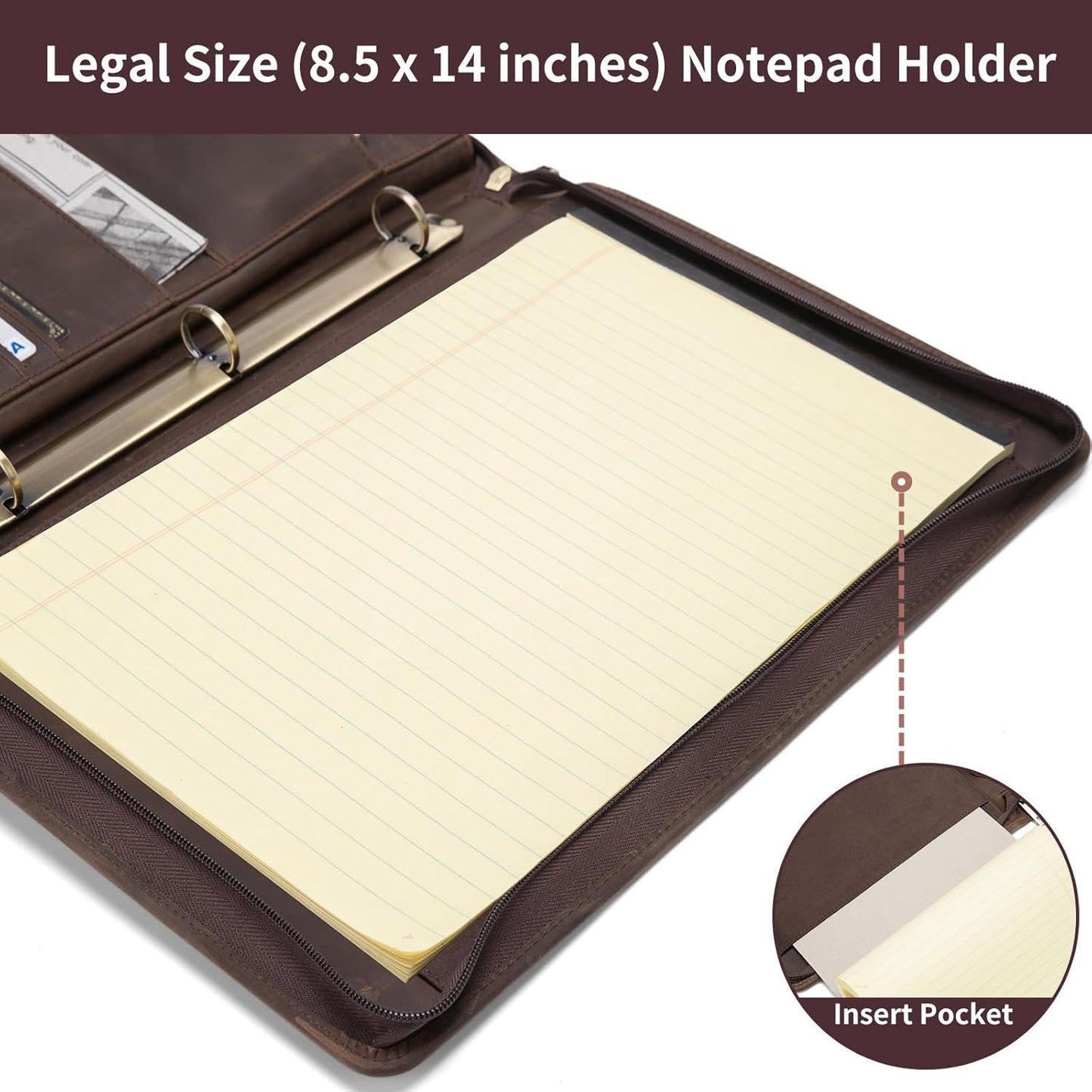Genuine Leather 3 Ring Binder Portfolio, 8.5 x 14 Legal Size Pad Holder, Hidden Handle, Zippered Padfolio with 15” Laptop Organizer, Professional Business Folio for Men Women, Dark Khaki