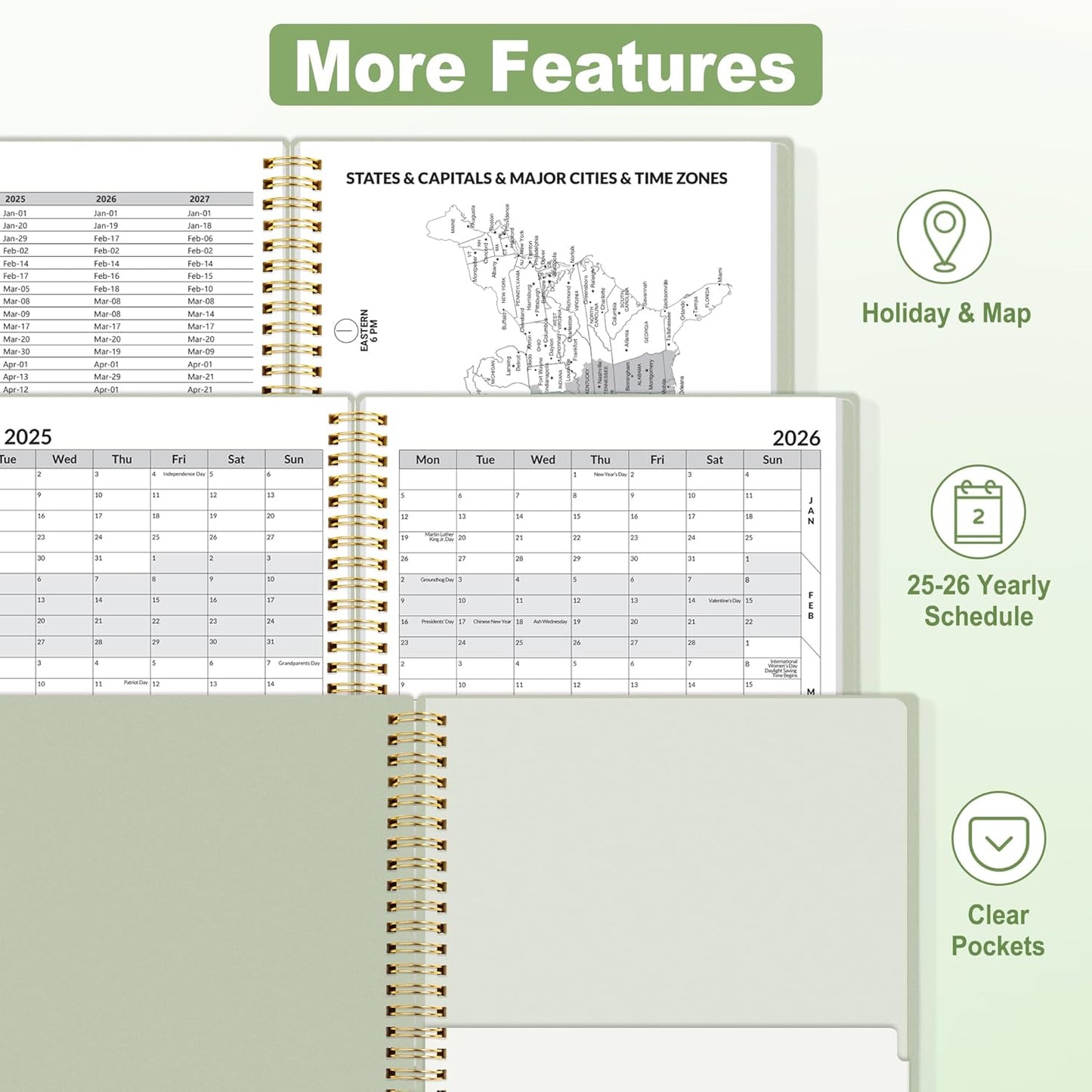 SUNEE 2025-2026 Appointment Book, Quarter-Hourly, Weekly & Monthly - from July 2025 to June 2026, 8.5"x11" Academic Planner, Flexible Cover, Note Pages, Pockets, Bookmark, Spiral Binding, Sage Green