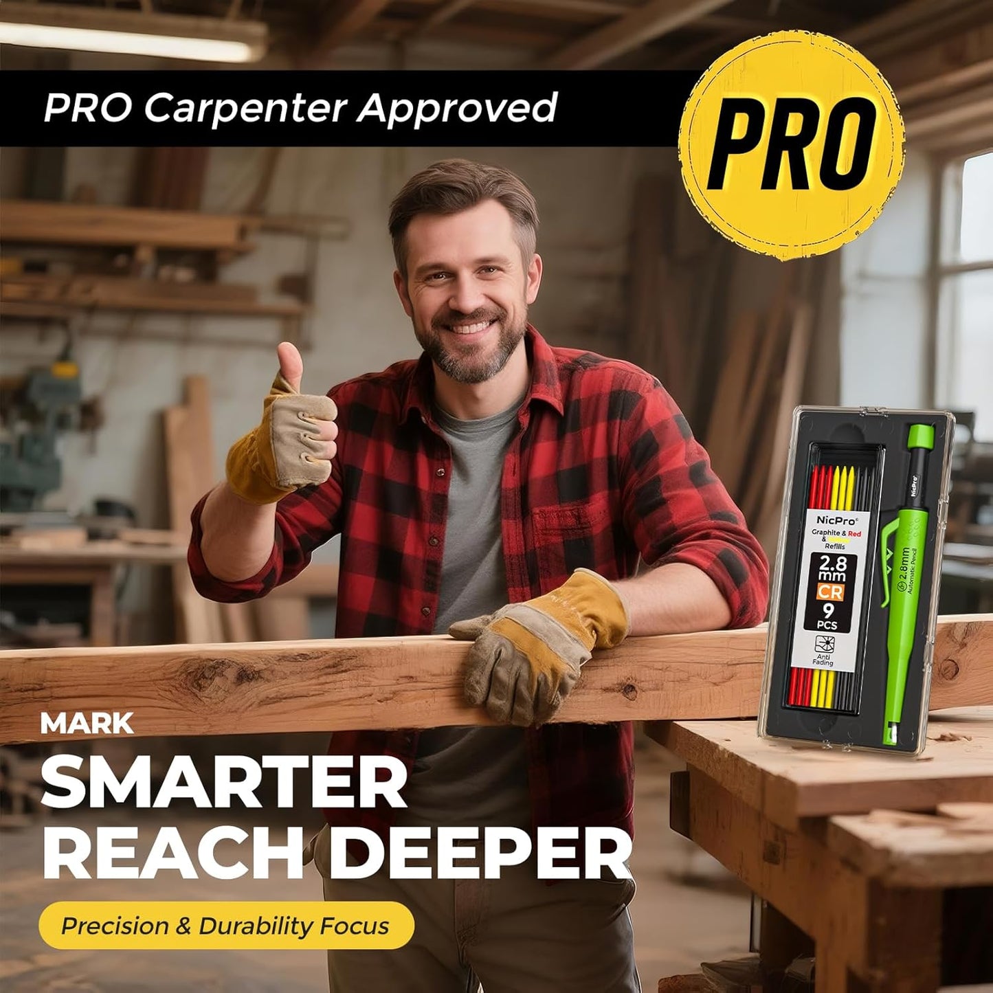 Nicpro Carpenter Pencil with Sharpener, CP3000 Carpenter Mechanical Pencils with 19 Refill, Deep Hole Marker for Construction, Heavy Duty Construction Pencil, Woodworking Tool for Architect Marking