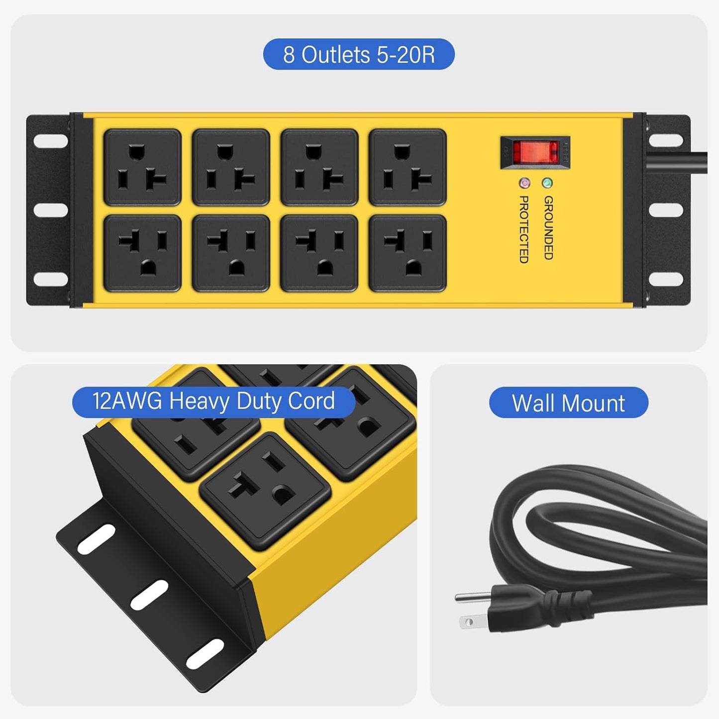 CCCEI Yellow Heavy Duty Power Strip Surge Protector 20 AMP, 8 Outlets 12 Gauge Industrial Shop Garage Metal Multiple Outlets, 20 FT Extension Cord 5-15P Adapter High Amp 6-20R T-Slot 20a for Appliance