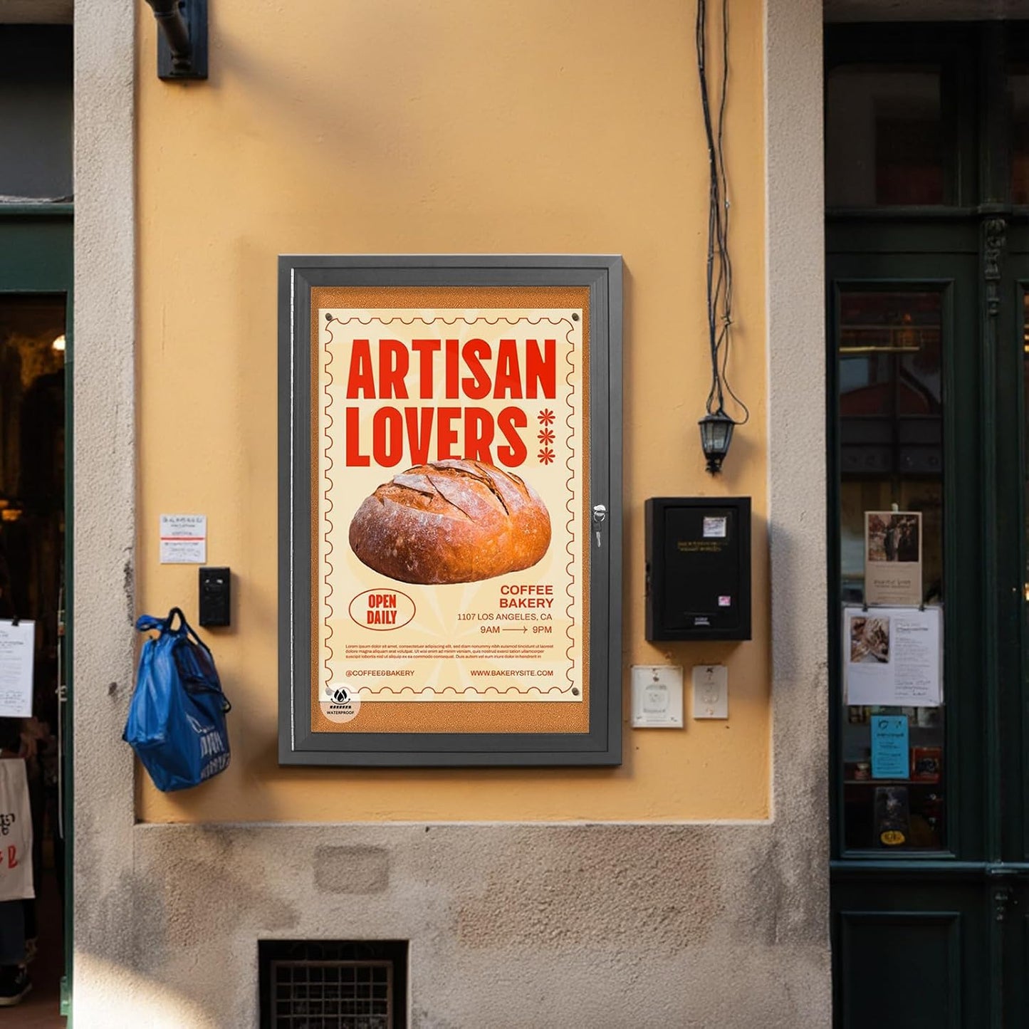 36x24 Inch Outdoor Enclosed Bulletin Board with Locking Door - Weatherproof & Tamperproof Cork Notice Board - Black Aluminum Frame