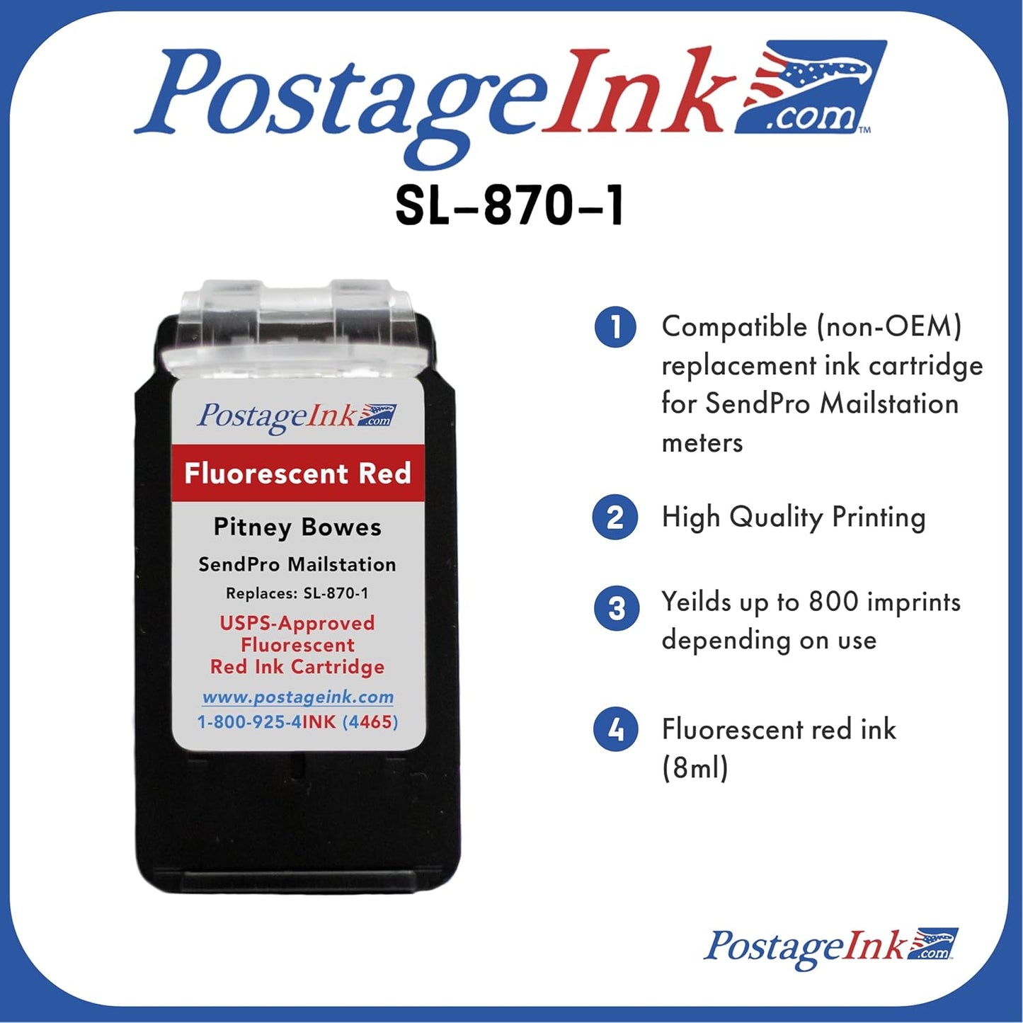 SL-870-1 Red Ink Cartridge for PB SendPro Mailstation (CSD1) Postage Meters, 8ml