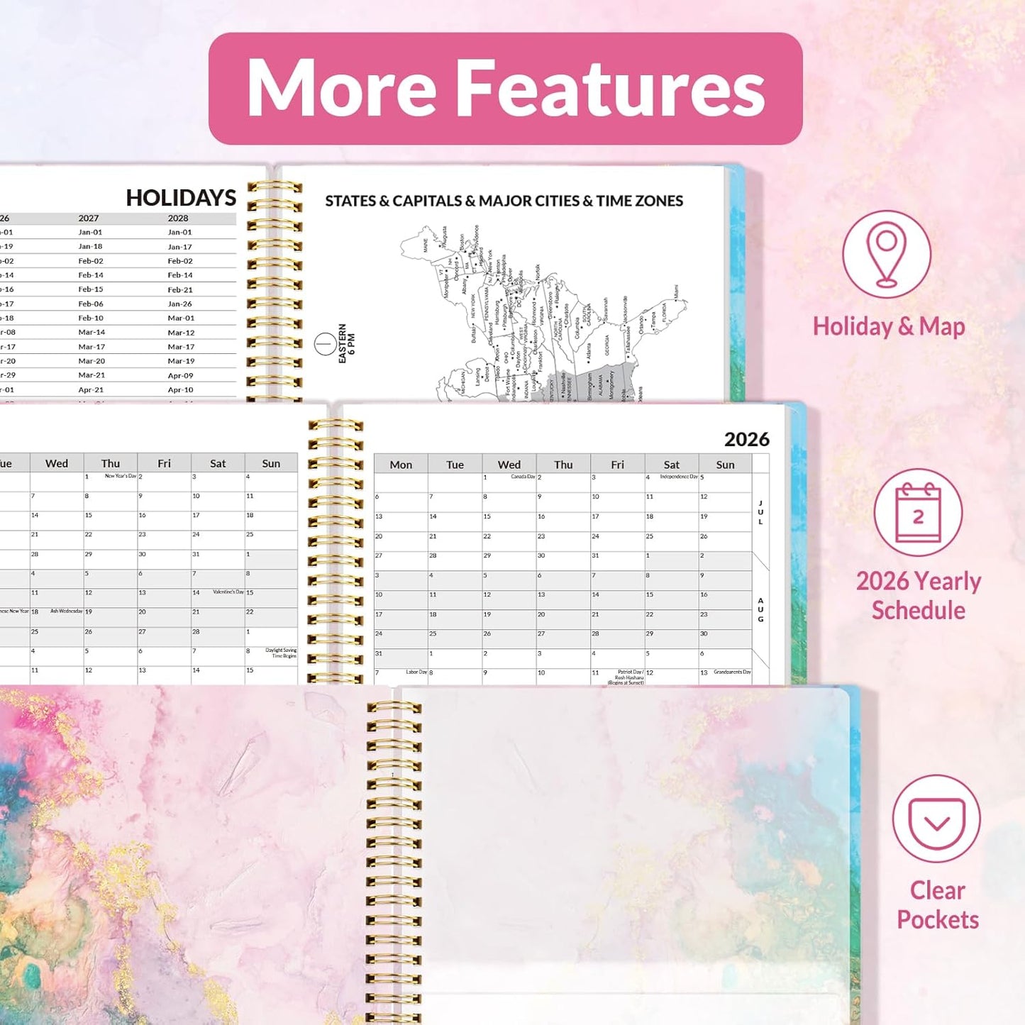 SUNEE 2026 Weekly and Monthly Planner - from January 2025 - December 2025, 6.4" x 8.3" Daily Agenda Planner with Monthly Tab, Flexible Cover, Note Pages, Pockets, Bookmark, Spiral Binding, Marble