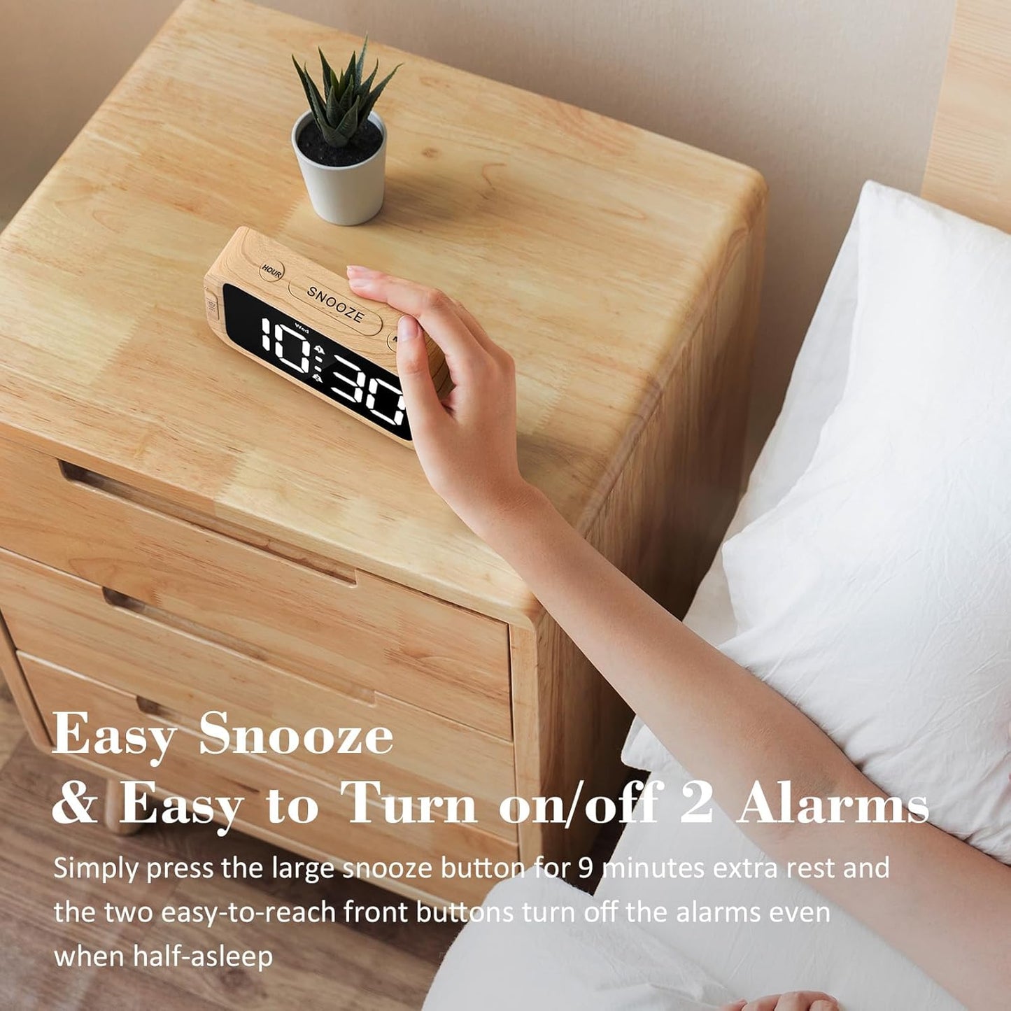 Digital Dual Alarm Clock for Bedroom, 0-100% Dimmer, Weekday/Weekend Mode, Easy to Set, USB Charger, Adjustable Alarm Volume with 5 Alarm Sounds, Snooze, 12/24Hr, Battery Backup (Wood Grain)