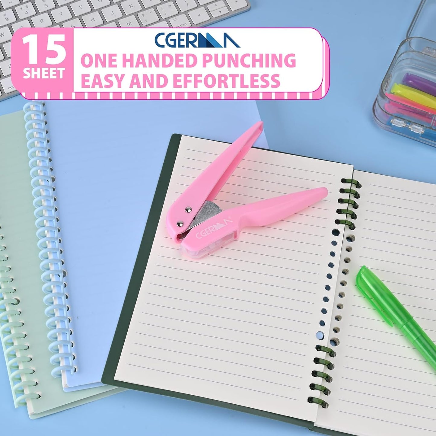 Single Hole Punch, with 30 Pcs Loose Leaf Binder Rings, 1/4" Hole Punches, 50% Labor Savings, Paper Hole Puncher, 15 Sheet Capacity, for Paper Cards Plastic Cardboard, Lightweight, Pink