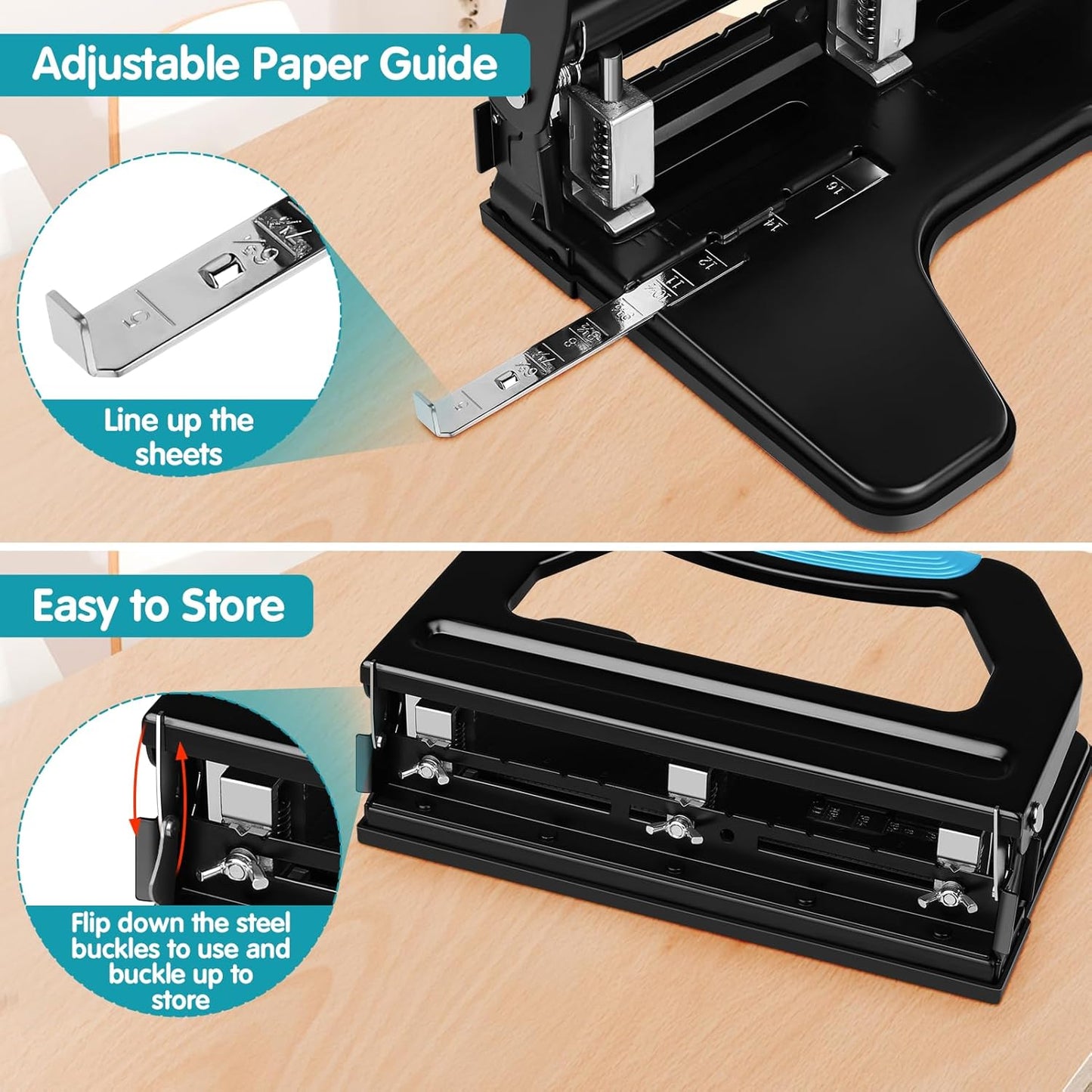 AFMAT Heavy Duty 3 Hole Punch, 50-Sheet, 50% Reduced Effort, Adjustable Two & Three Hole Punch, Metal Paper Puncher w/Large Chip Tray, Metal Paper Guide, Black