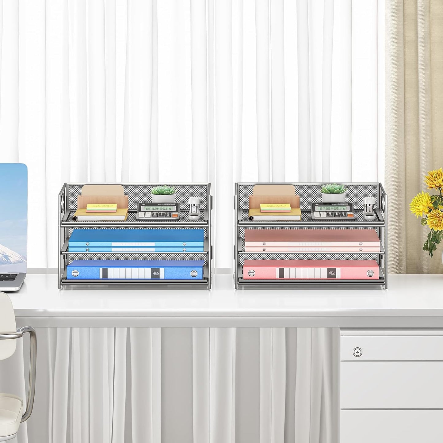 Subekyu 2-Pack 3-Tier Silver Metal Mesh Desk Paper Letter Tray & File Sorter Organizer with Handle + 1 Sliding Tray for Desk, Home, Office, School Supplies, A4 Paper and Accessories Storage