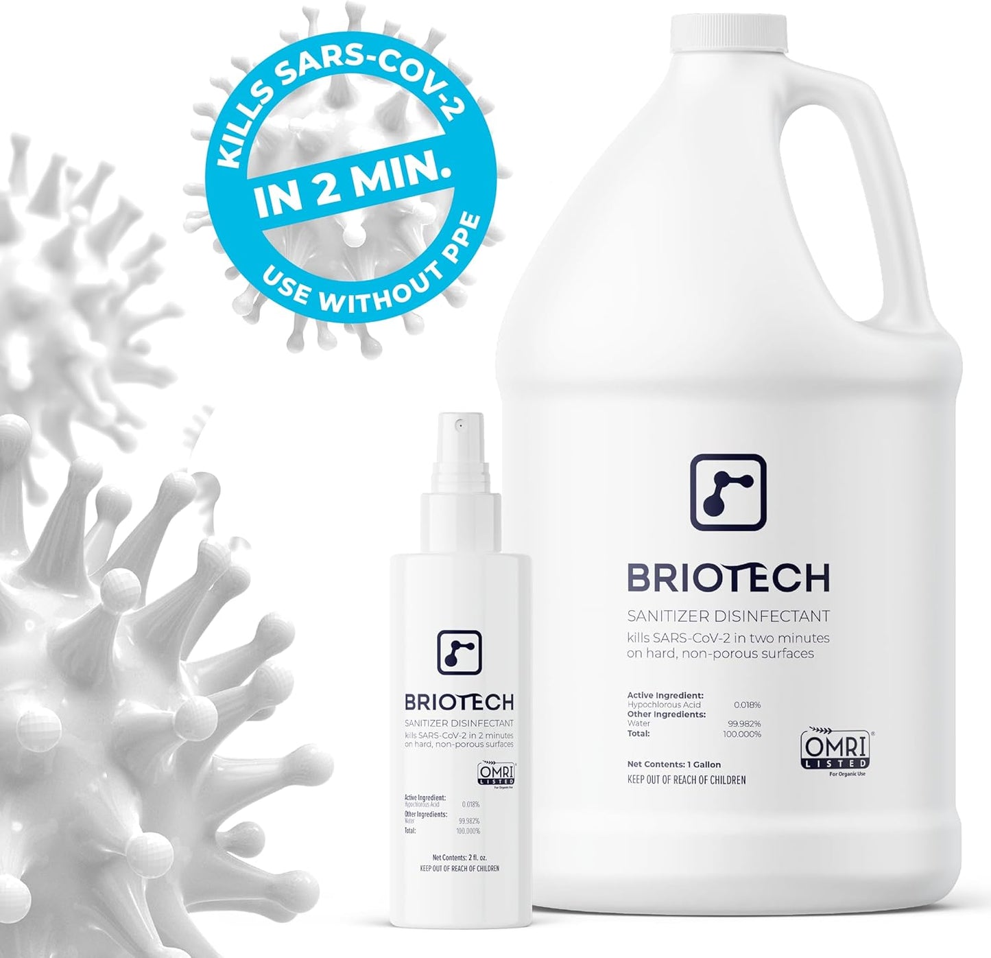 BRIOTECH Sanitizer Disinfectant Hypochlorous Spray, Kill 99.99% of Viruses & Bacteria, Control Mold, Eliminate Odor, Gentle for Nursery & Play Rooms, Food Contact Surface Sanitizer, 4 fl oz