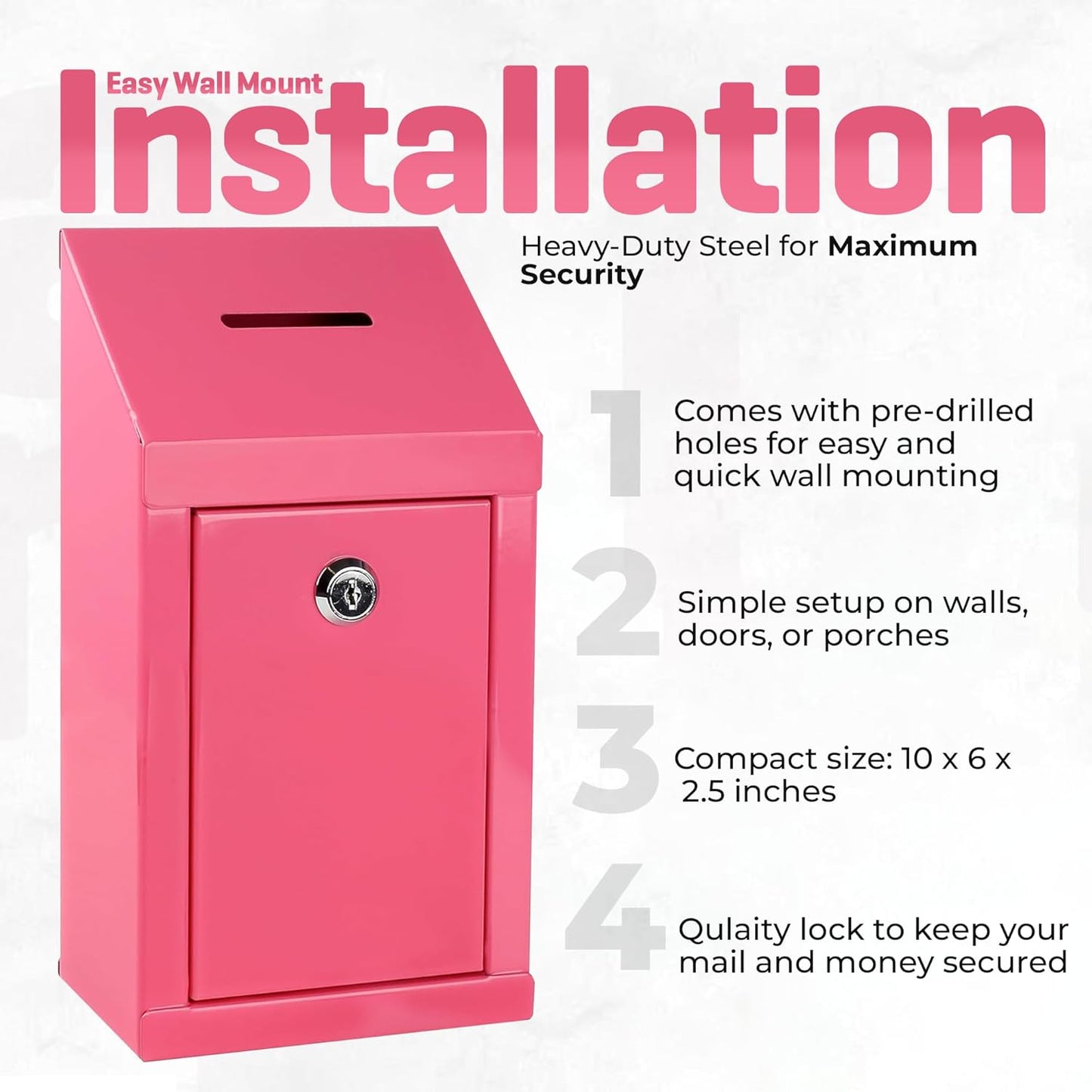 Metal Donation Box-Suggestion Box with Slot and lock-Cash Lock box for Money-Secure Drop Box-Comment and ballot voting box-comes with pre-drilled holes for easy wall mounting 10 X 6 X 2.5"(Pink)