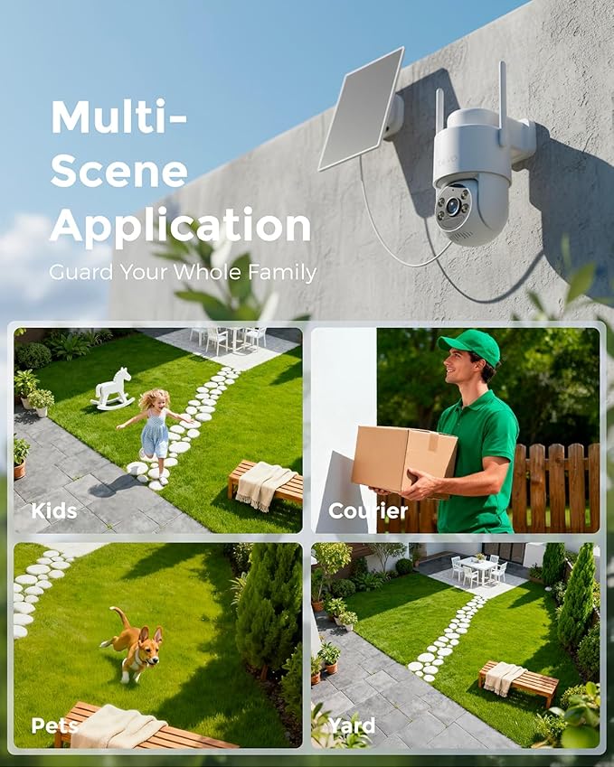 Devo Solar Security Camera Wireless Outdoor, 2.3K HD 360° PTZ Color Night Vision, AI/PIR Human Detection, 2-Way Audio, Solar & Battery Powered, WiFi 6, IP66 Waterproof, Triple Alert System White