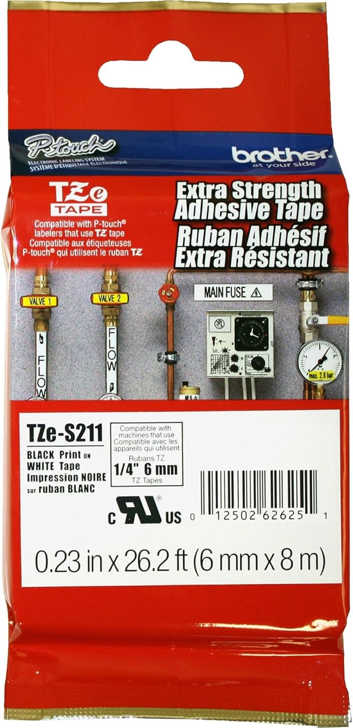 Brother Genuine P-touch TZE-S211 Tape, 1/4" (0.23") Wide Extra-Strength Adhesive Laminated Tape, Black on White, Laminated for Indoor or Outdoor Use, Water-Resistant,0.23" x 26.2' (6mm x 8M), TZE-S211