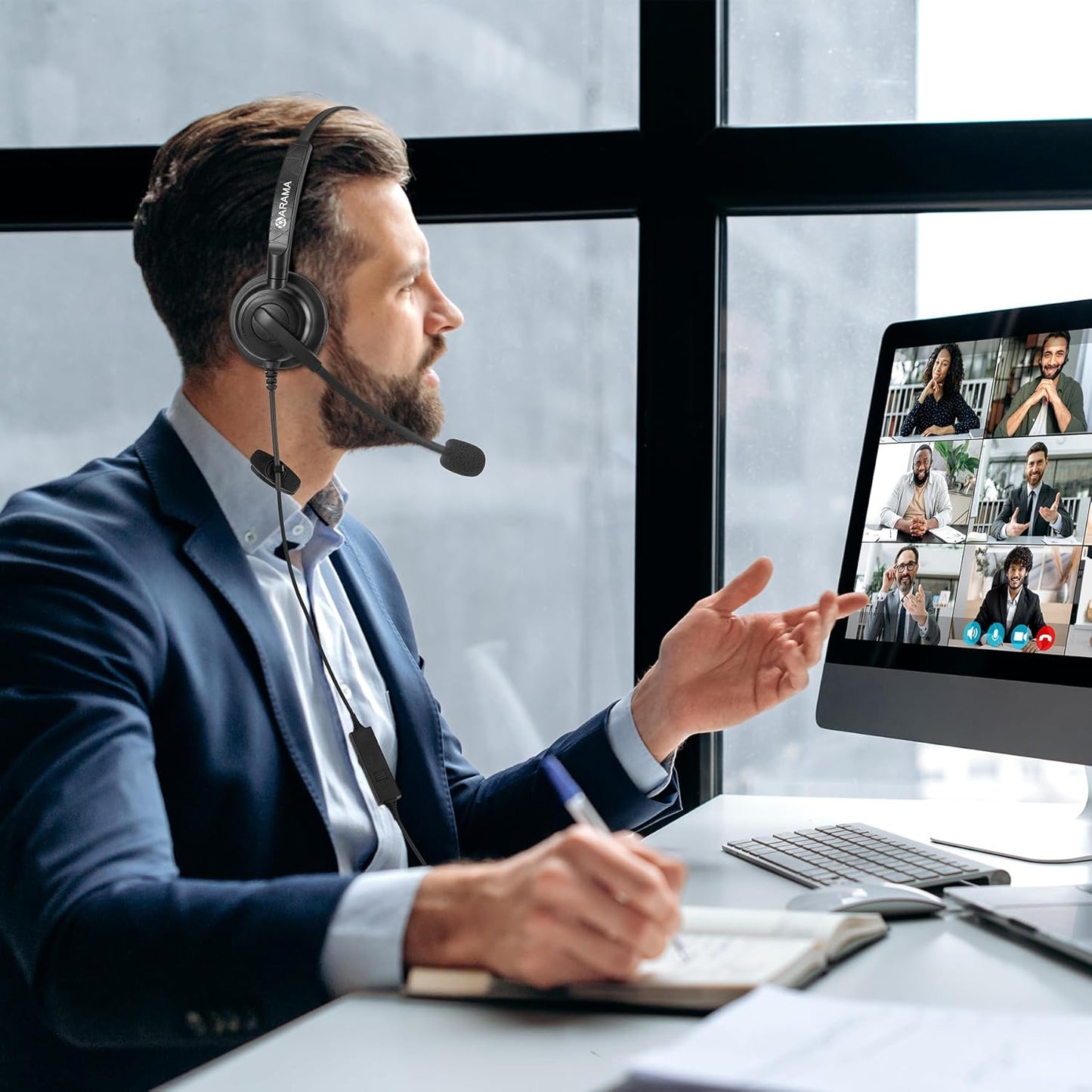 Arama USB Headset with Microphone for PC One Ear, Headset with Mic, Noise Cancelling Volume Control, 63.6 Inches, Wired, for Home Office Call Center Online Class Skype Zoom (with a Type C Adapter)