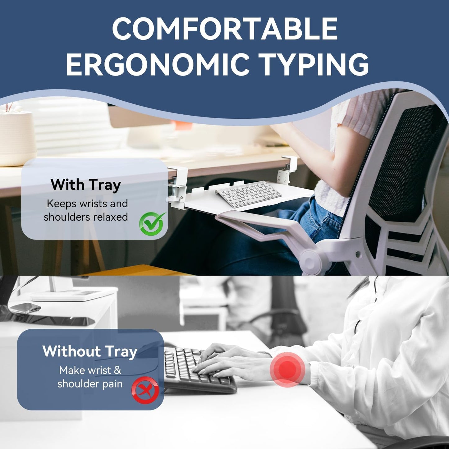 VUSIGN Keyboard Tray Under Desk Height Adjustable,Pull Out with Adjustable C Clamp Mount System for L-Shaped Tables, Extra Sturdy, 26.4” x 11.8” Slide-Out Platform Computer Drawer for Typing,White