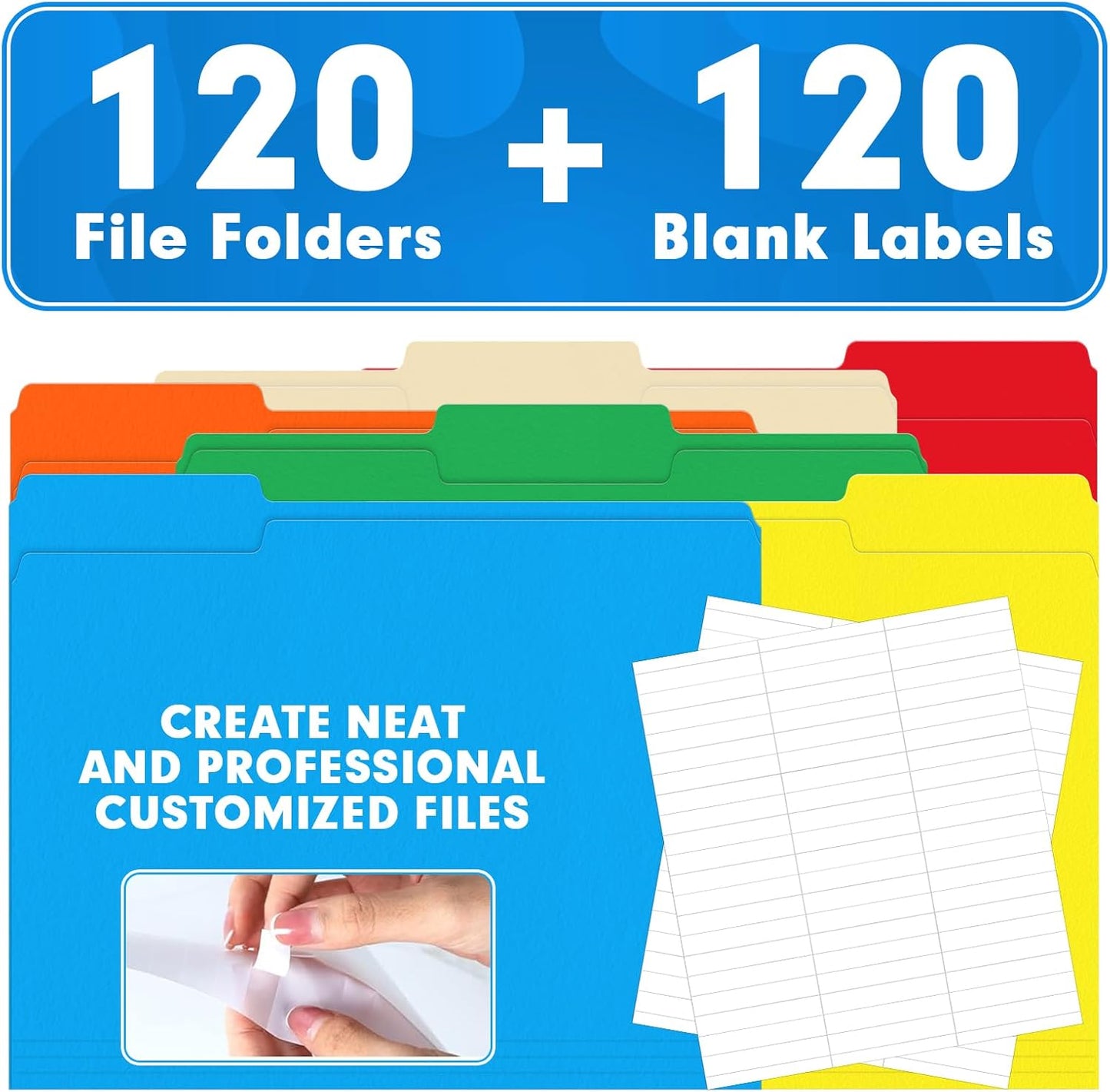 File Folder, HERKKA 120 Pack 1/3 Cut Tab File Folders, Colored File Folders Designed for Office and Classroom Use, Letter Size, Assorted 6 Colors