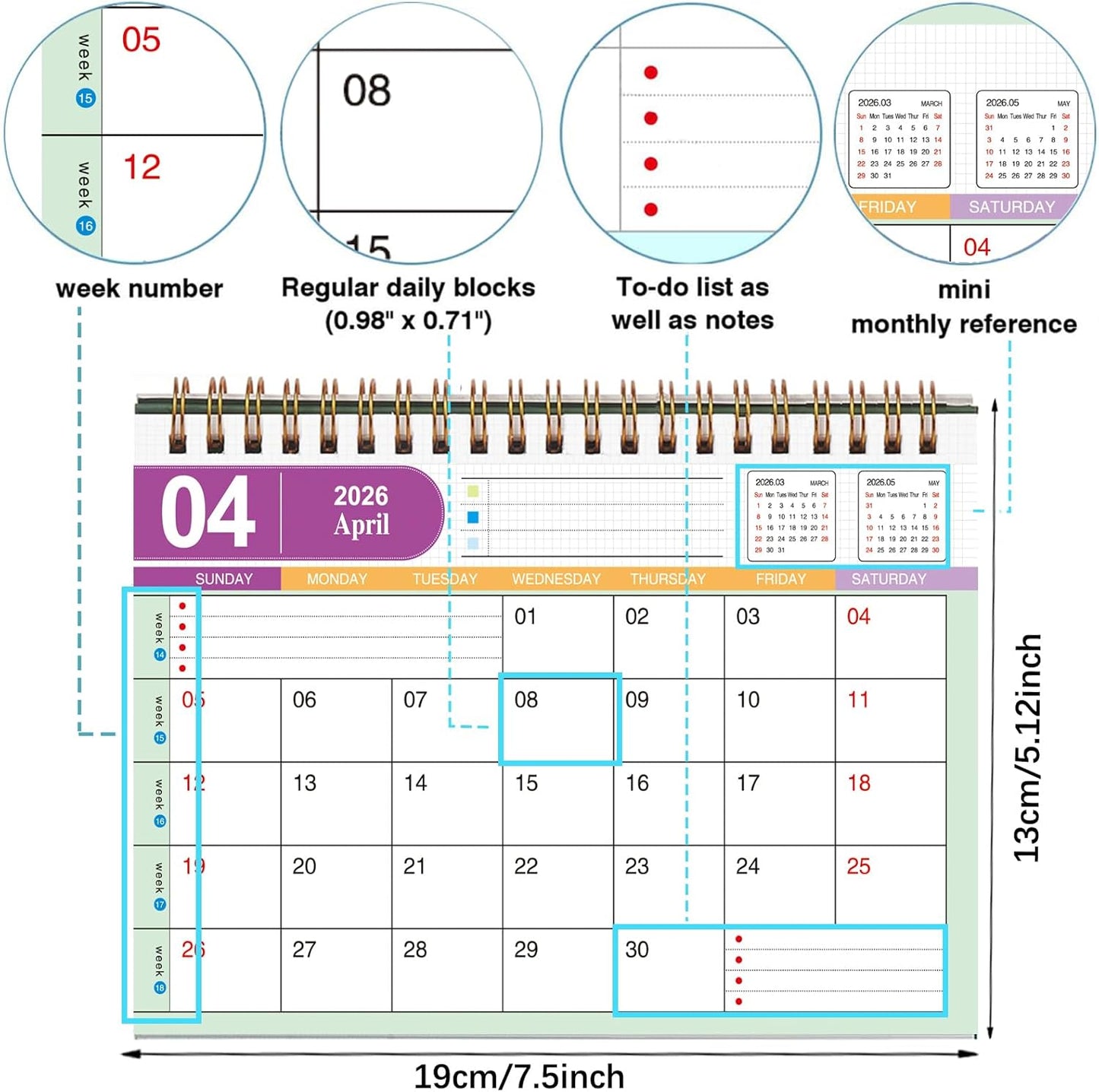 Small Desk Calendar 2025-2026, Standing Flip Desktop Calendar from July 2025 to Dec 2026 - Metal Ring Twin-Wire Binding Monthly Desktop Calendar for Home Office School (Black)