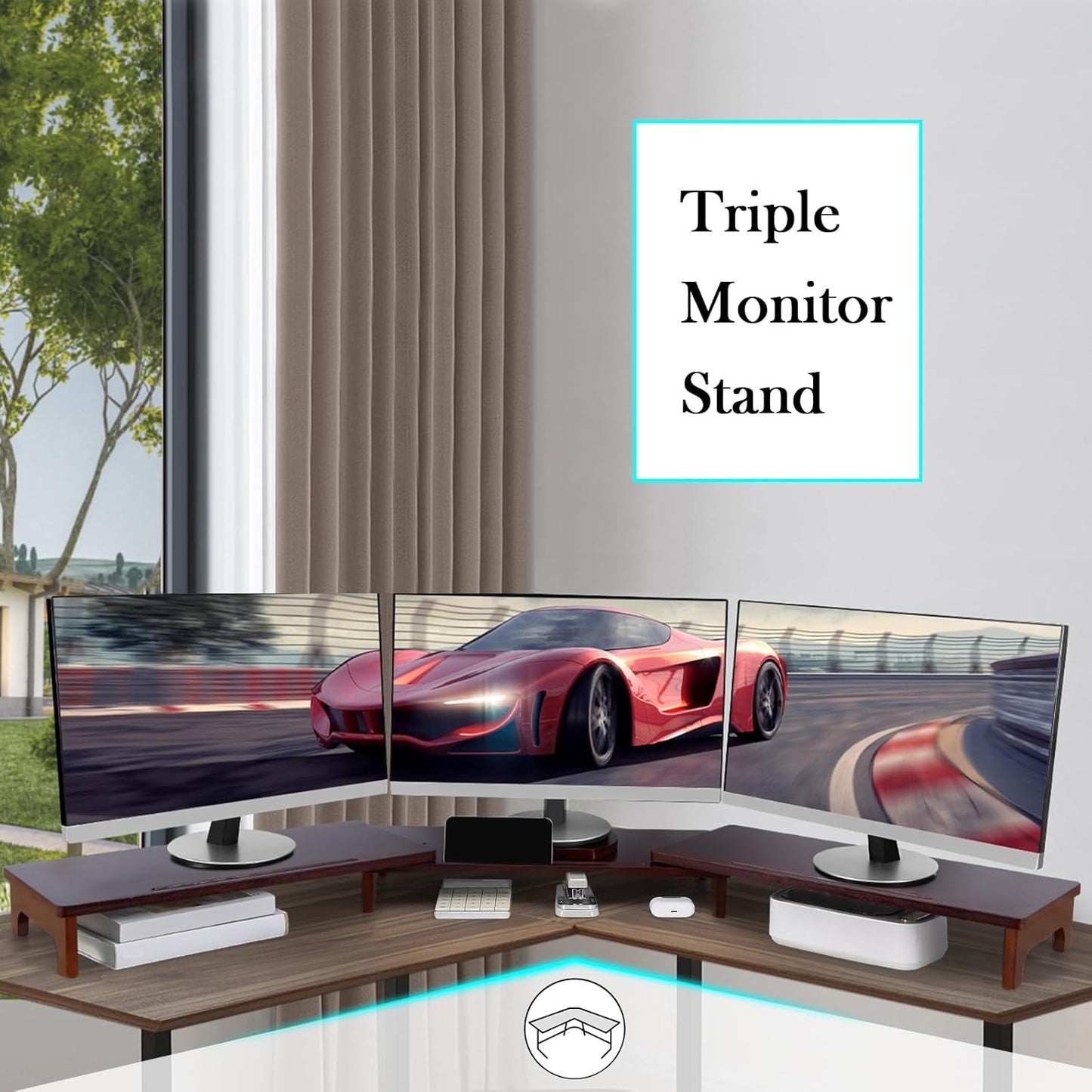 Nnewvante Large Dual Monitor Stand Riser, 60 inch Bamboo Monitor Stand with Adjustable Length and Angle, 3 Shelves Desktop Screen Riser for Computer Laptop PC, Walnut