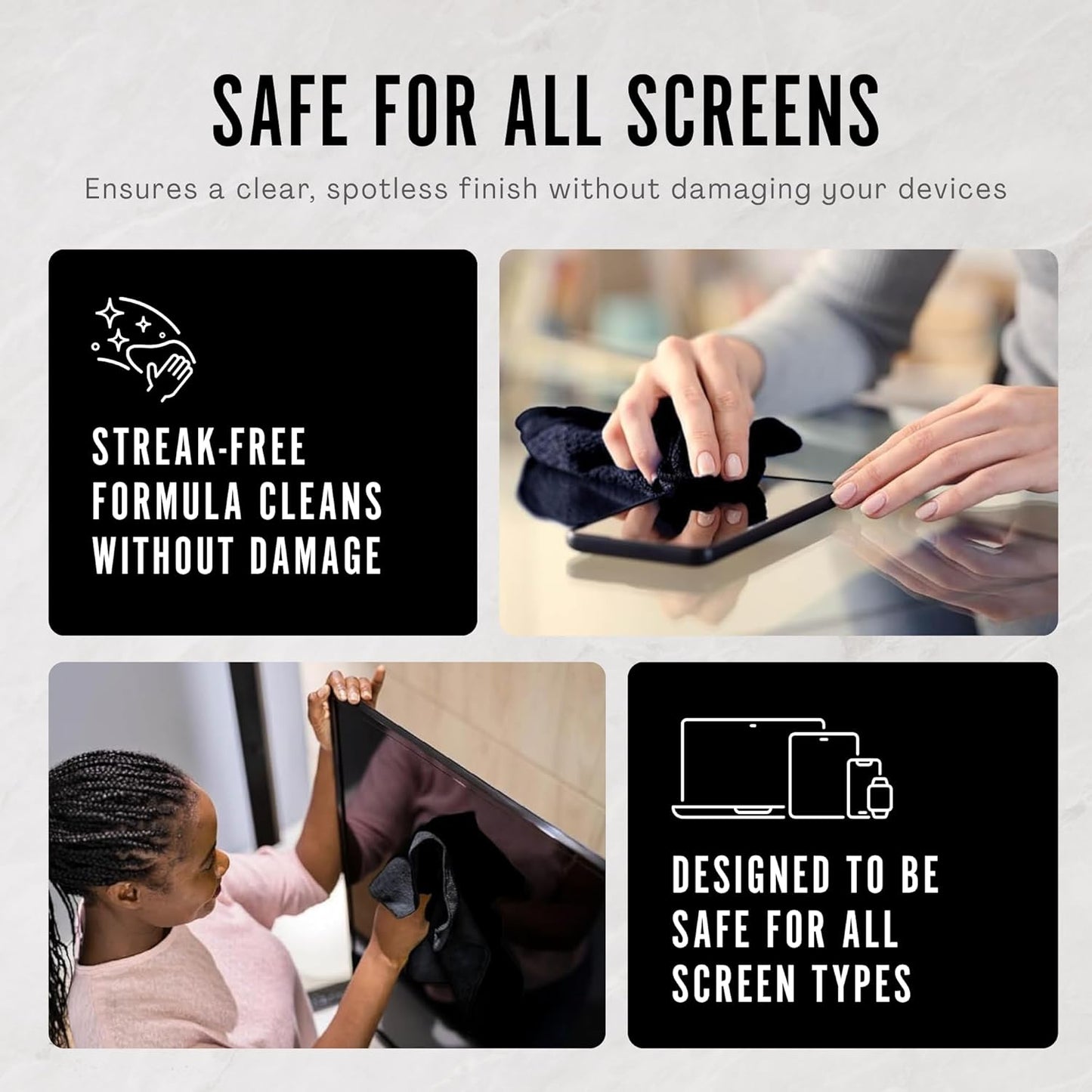 Delete Screen Cleaner Spray Kit, 2 Pack, 16oz and 2oz Bottle and 12"x12" Microfiber Cleaning Cloth, Streak-Free, Safe and Gentle Formula, Multi-Purpose for TVs, Computers, Monitors, Smart Phones