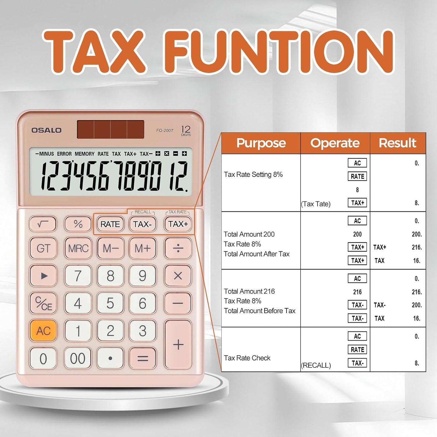 Pendancy Office Small Calculator Desktop with Tax+/- for Tax Calculation, 12 Digit Large LCD Display, Solar Battery Power, Durable Portable Design, Financial Accounting Business Home Use(OS-200T-Pink)