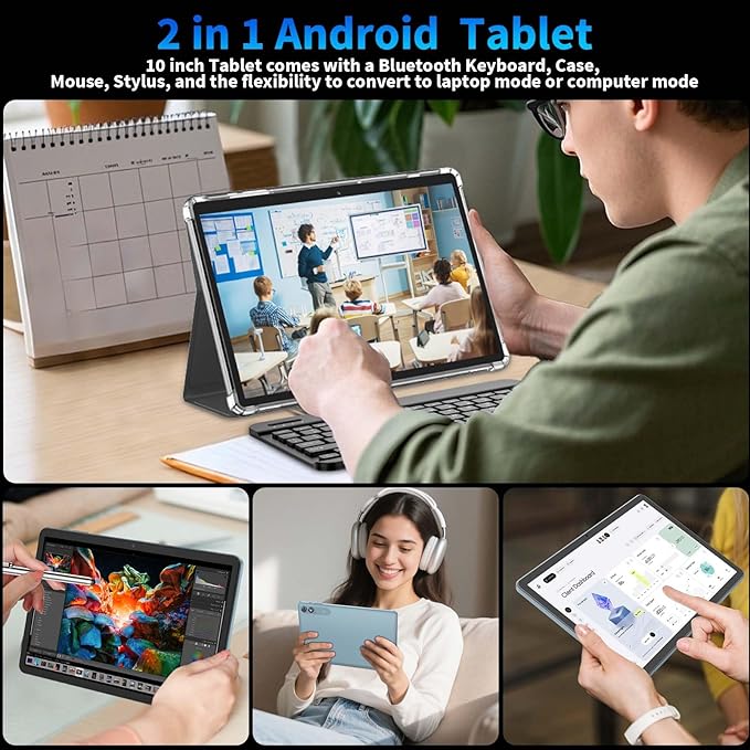 Android 15 Tablet 10 inch, 2026 Tablet with Keyboard, 24GB+256GB+2TB Expand, 2-in-1 Tablets with 8-Core, 5G WiFi, 8000mAh, BT5.0, GMS, GPS, Gemini AI, Tablets PC with Mouse, Case, Stylus (Pink)