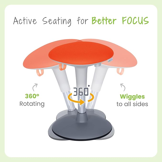 Wobble Stool for Kids Ages 7–12; Adjustable Height Wobble Stools for Classroom Seating with Soft Cushion; Flexible Wiggle Chair for Focus and ADHD Support + Bonus Visual Timer (Sunny Orange)